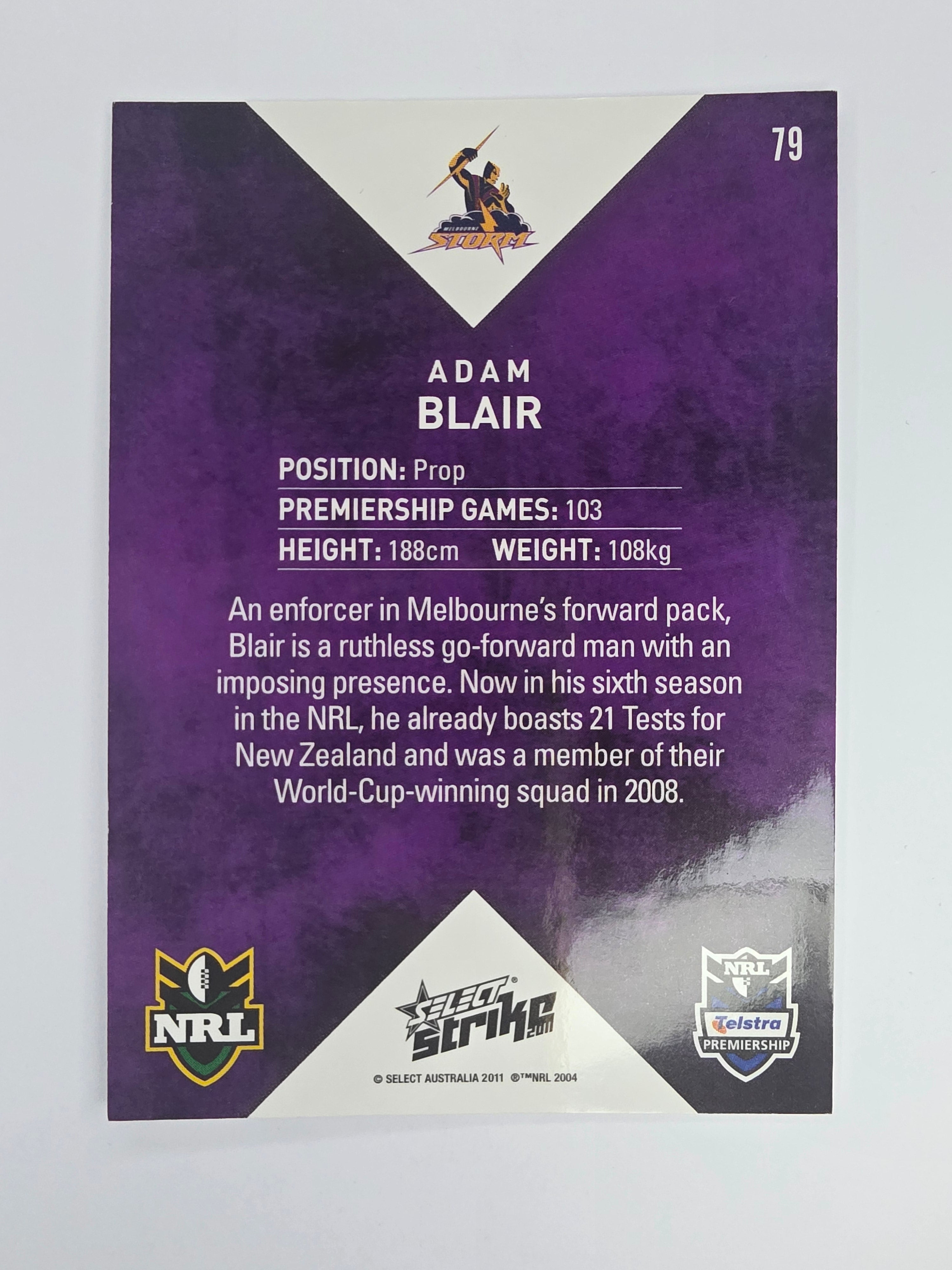NRL 2011 Strike Base Card #79 Adam Blair Melbourne Storm