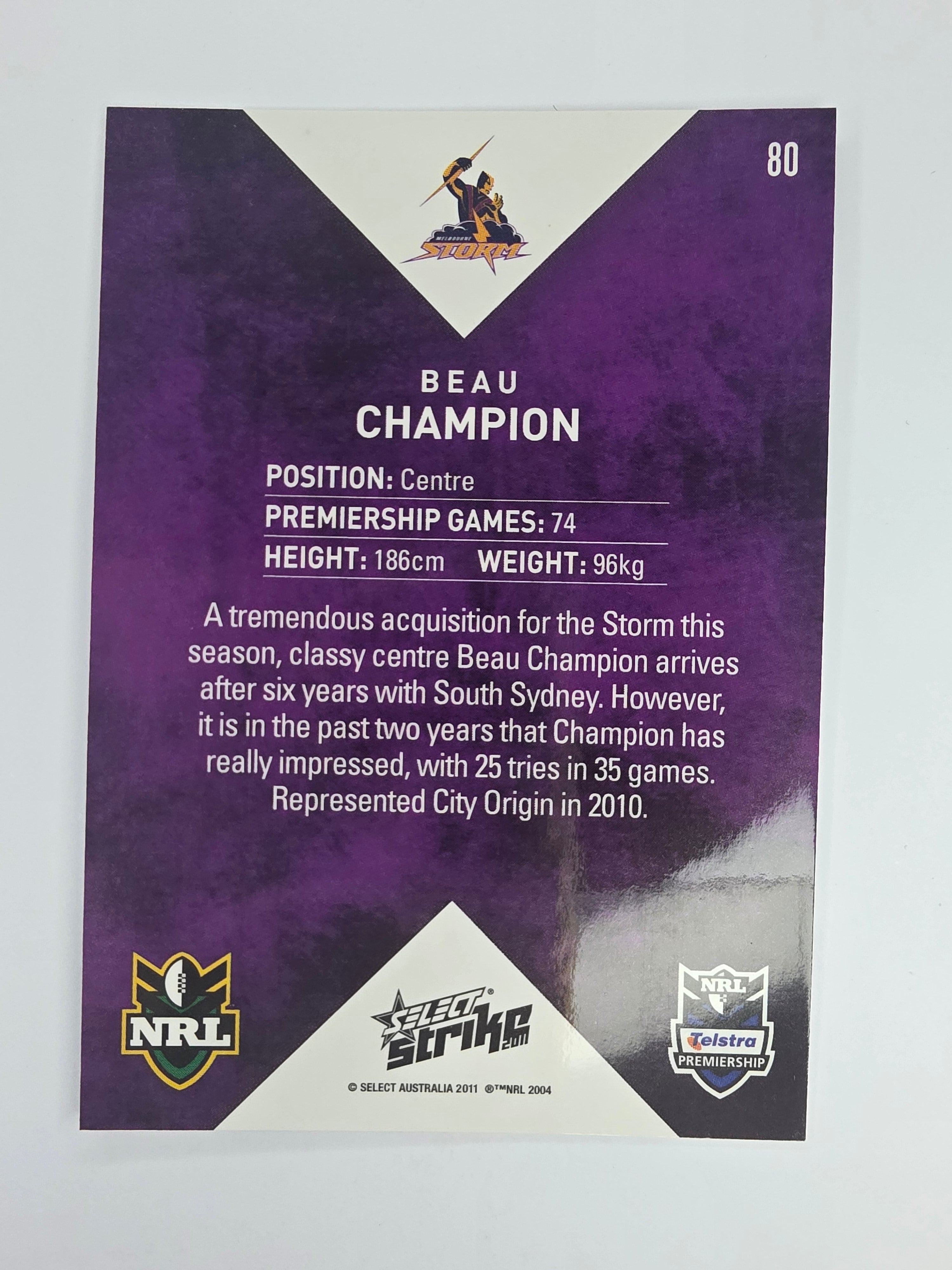 NRL 2011 Strike Base Card #80 Beau Champion Melbourne Storm
