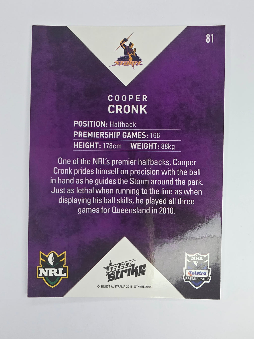 NRL 2011 Strike Base Card #81 Cooper Cronk Melbourne Storm
