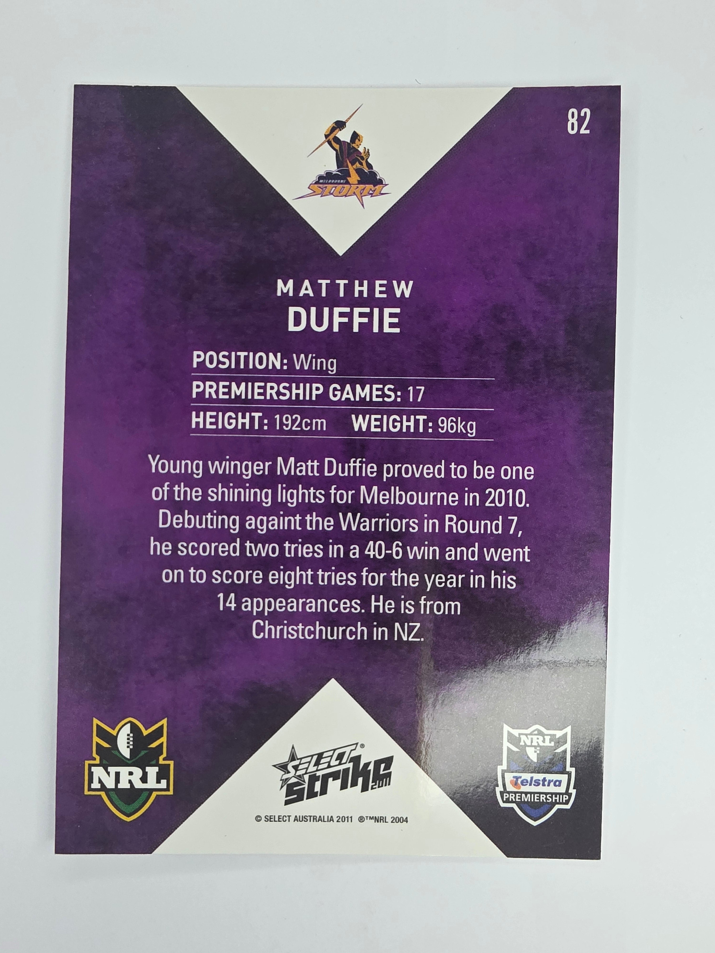 NRL 2011 Strike Base Card #82 Matthew Duffie Melbourne Storm