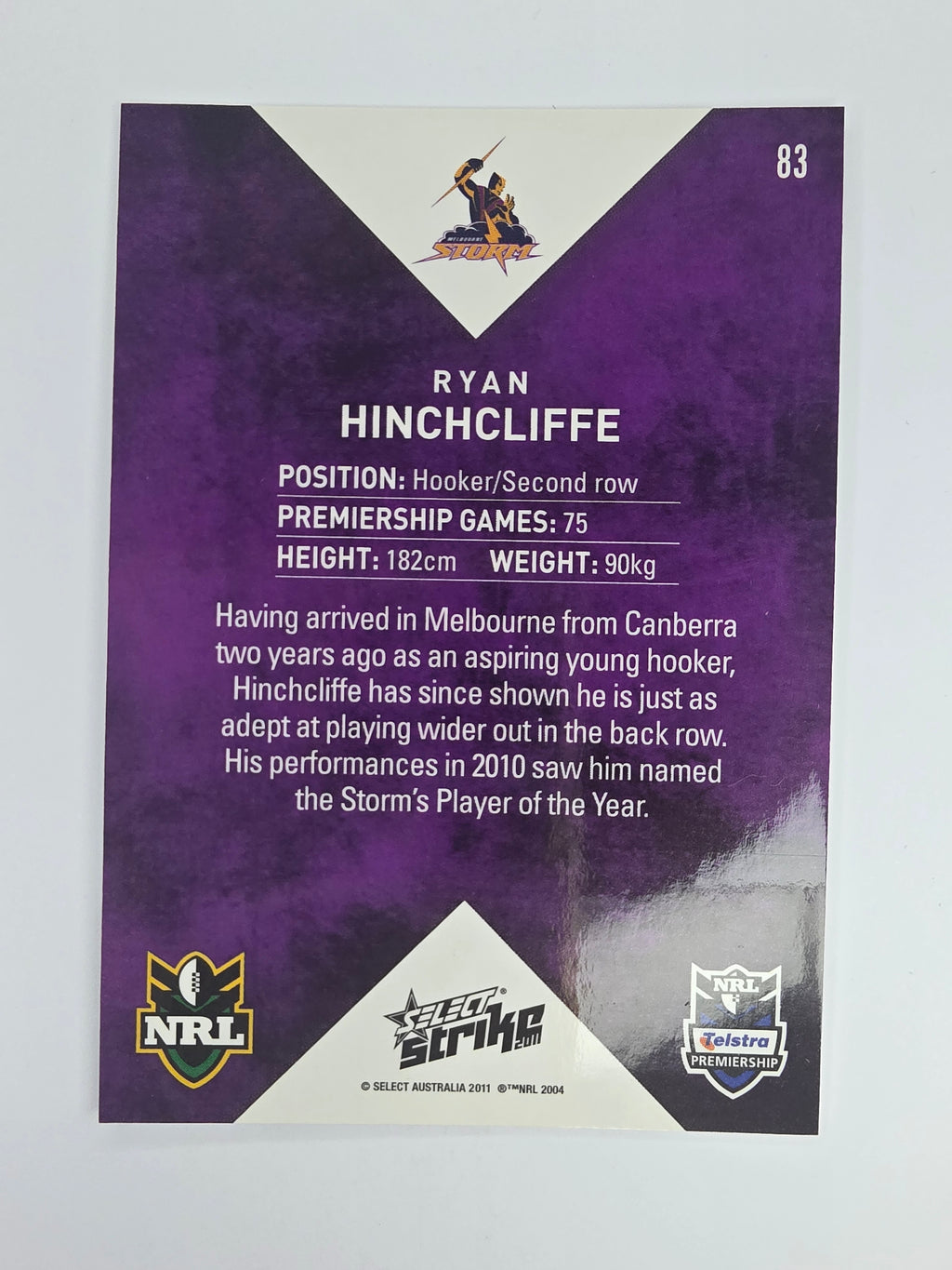 NRL 2011 Strike Base Card #83 Ryan Hinchcliffe Melbourne Storm