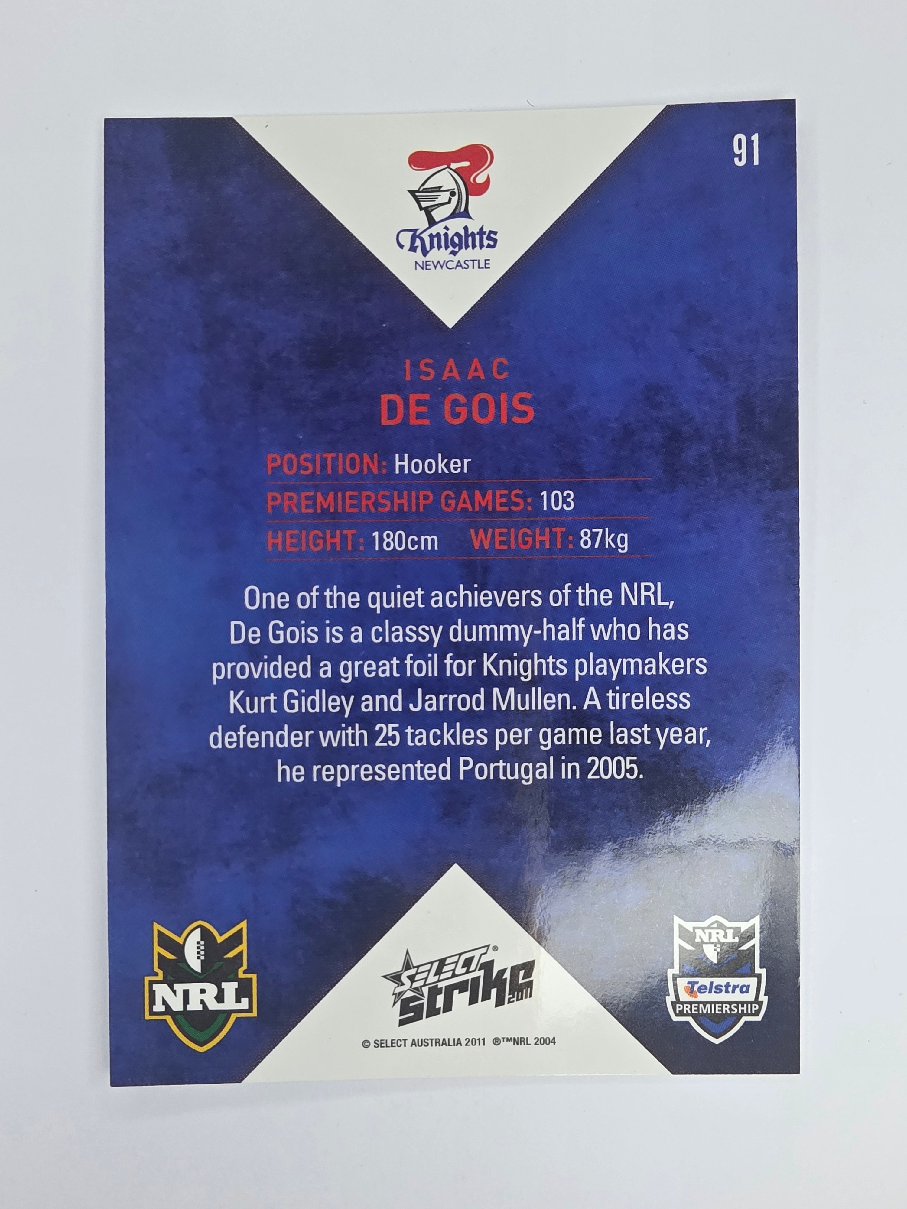 NRL 2011 Strike Base Card #91 Isaac De Gois Newcastle Knights