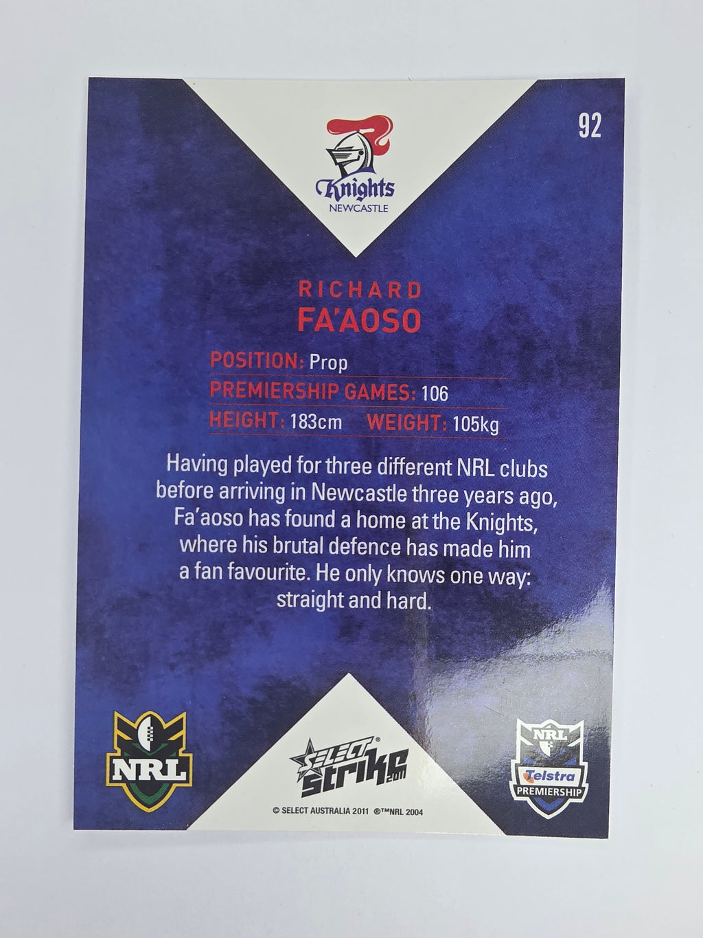 NRL 2011 Strike Base Card #92 Richard Fa’aoso Newcastle Knights