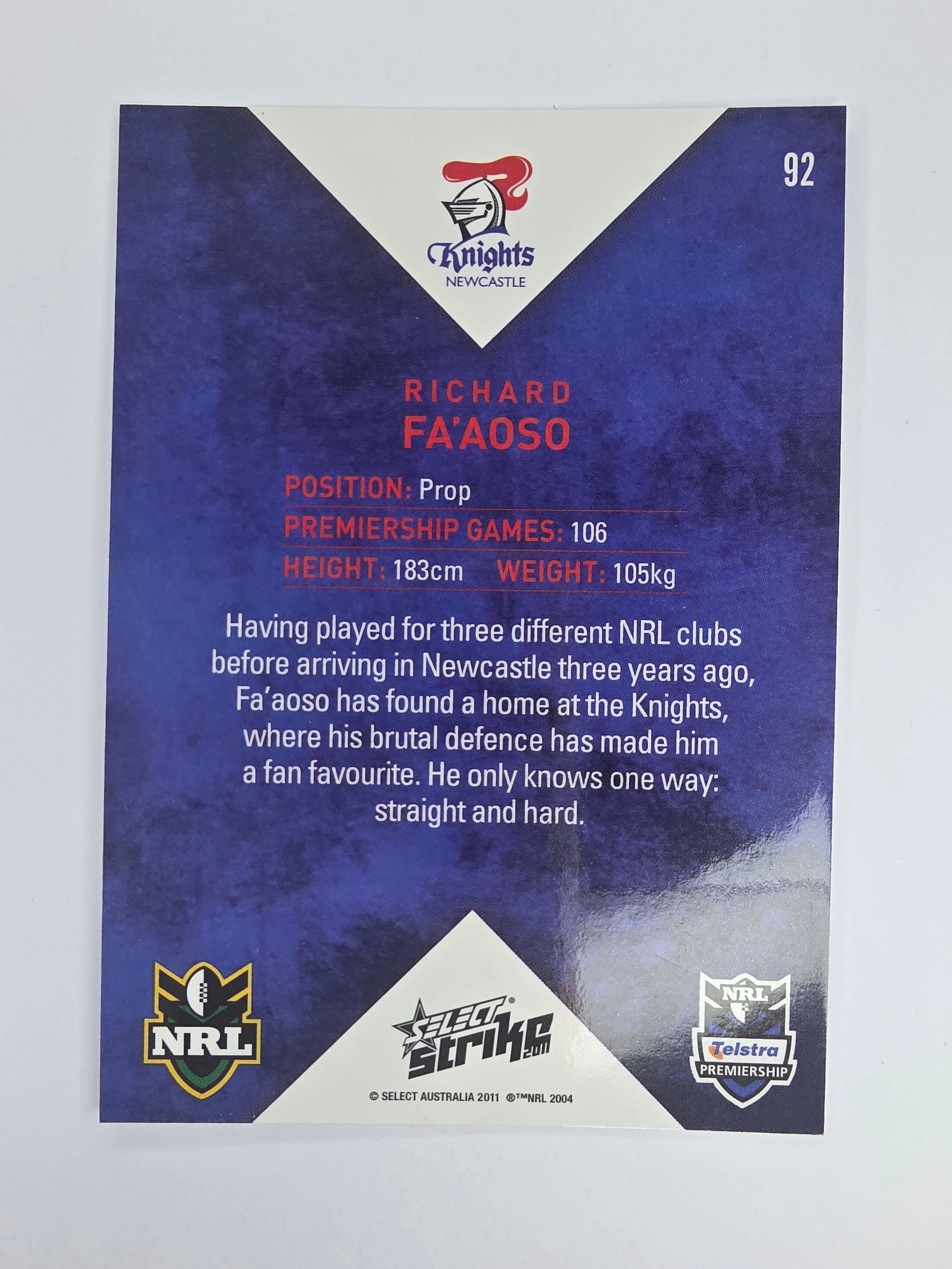 NRL 2011 Strike Base Card #92 Richard Fa’aoso Newcastle Knights