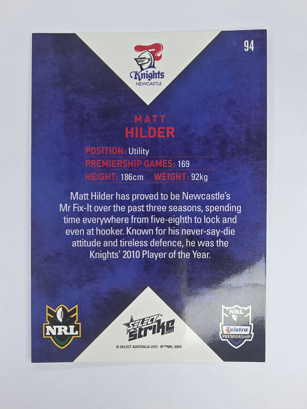 NRL 2011 Strike Base Card #94 Matt Hilder Newcastle Knights
