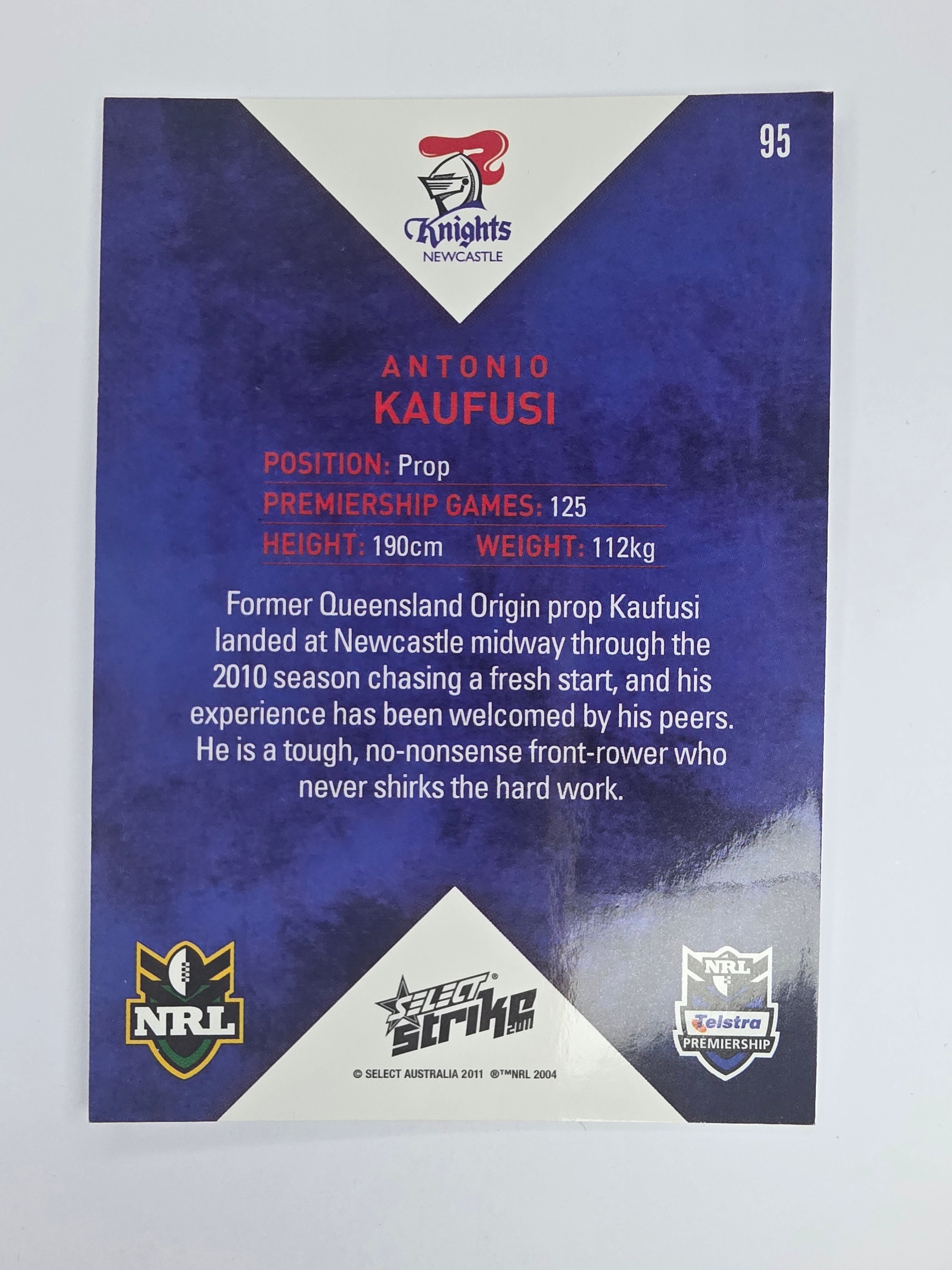 NRL 2011 Strike Base Card #95 Antonio Kaufusi Newcastle Knights