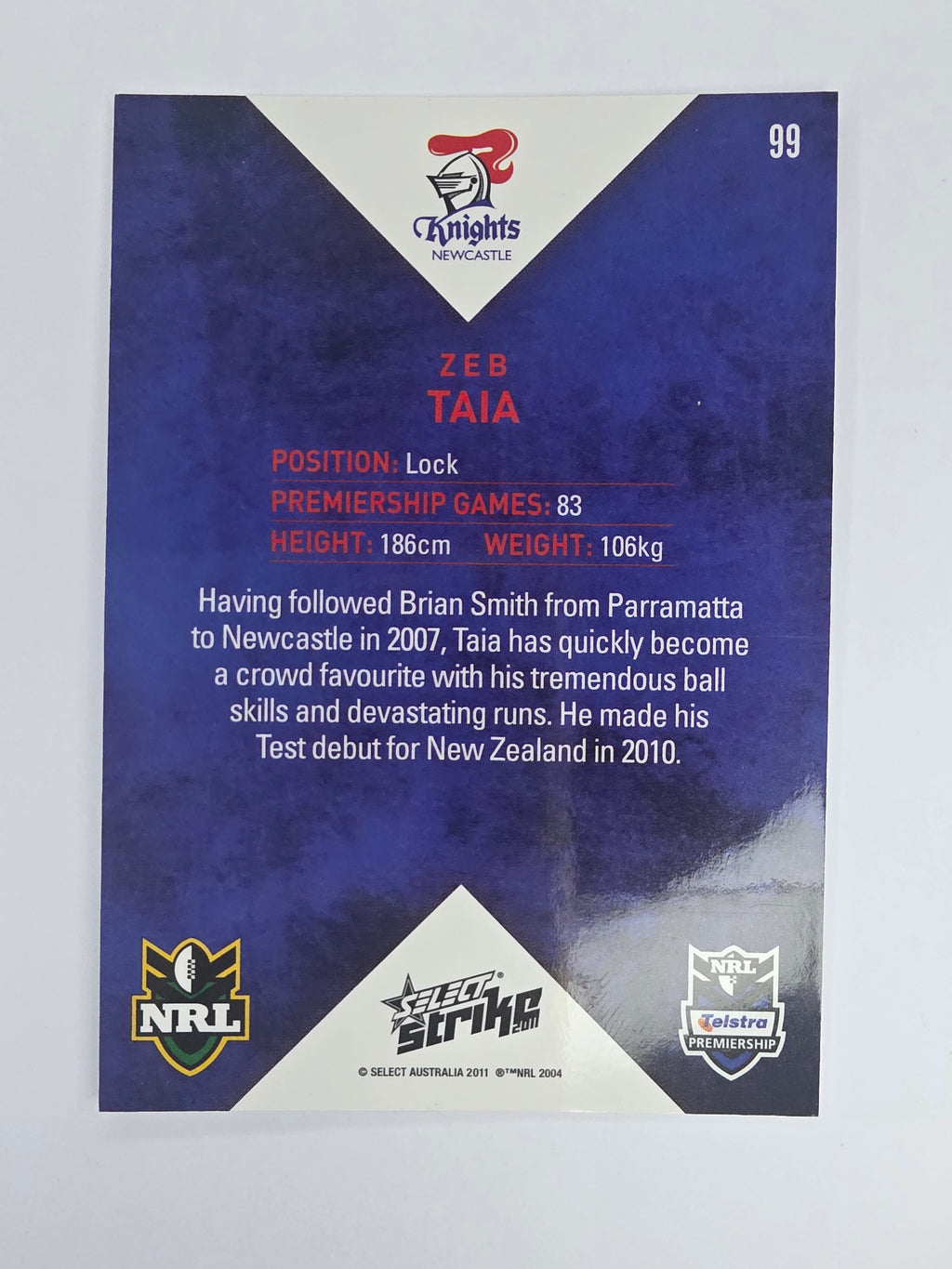 NRL 2011 Strike Base Card #99 Zeb Taia Newcastle Knights