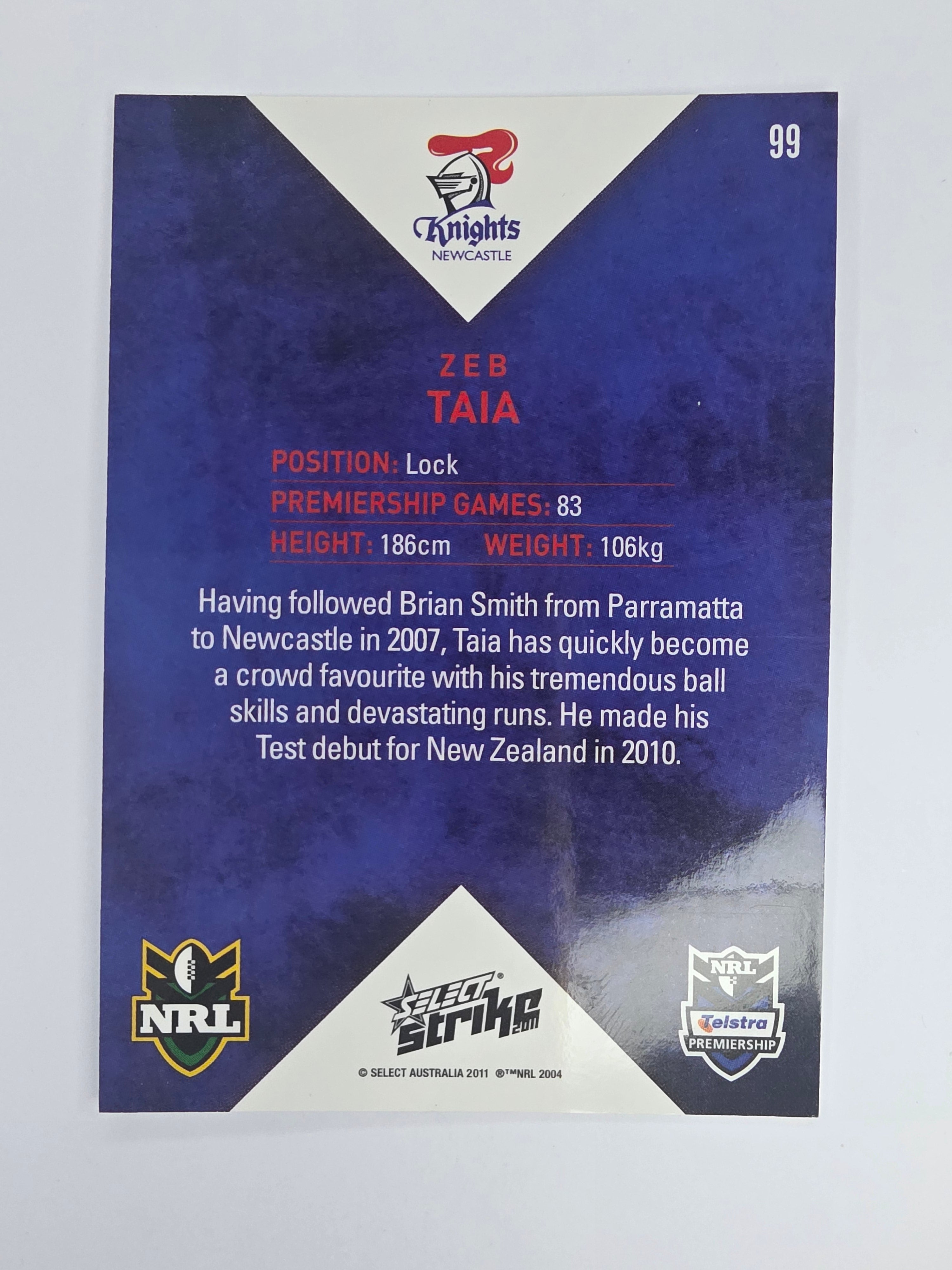 NRL 2011 Strike Base Card #99 Zeb Taia Newcastle Knights