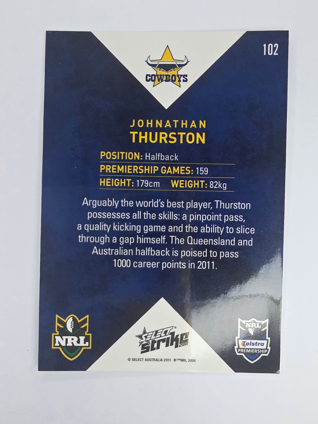 NRL 2011 Strike Base Card #102 Johnathan Thurston North Queensland Cowboys