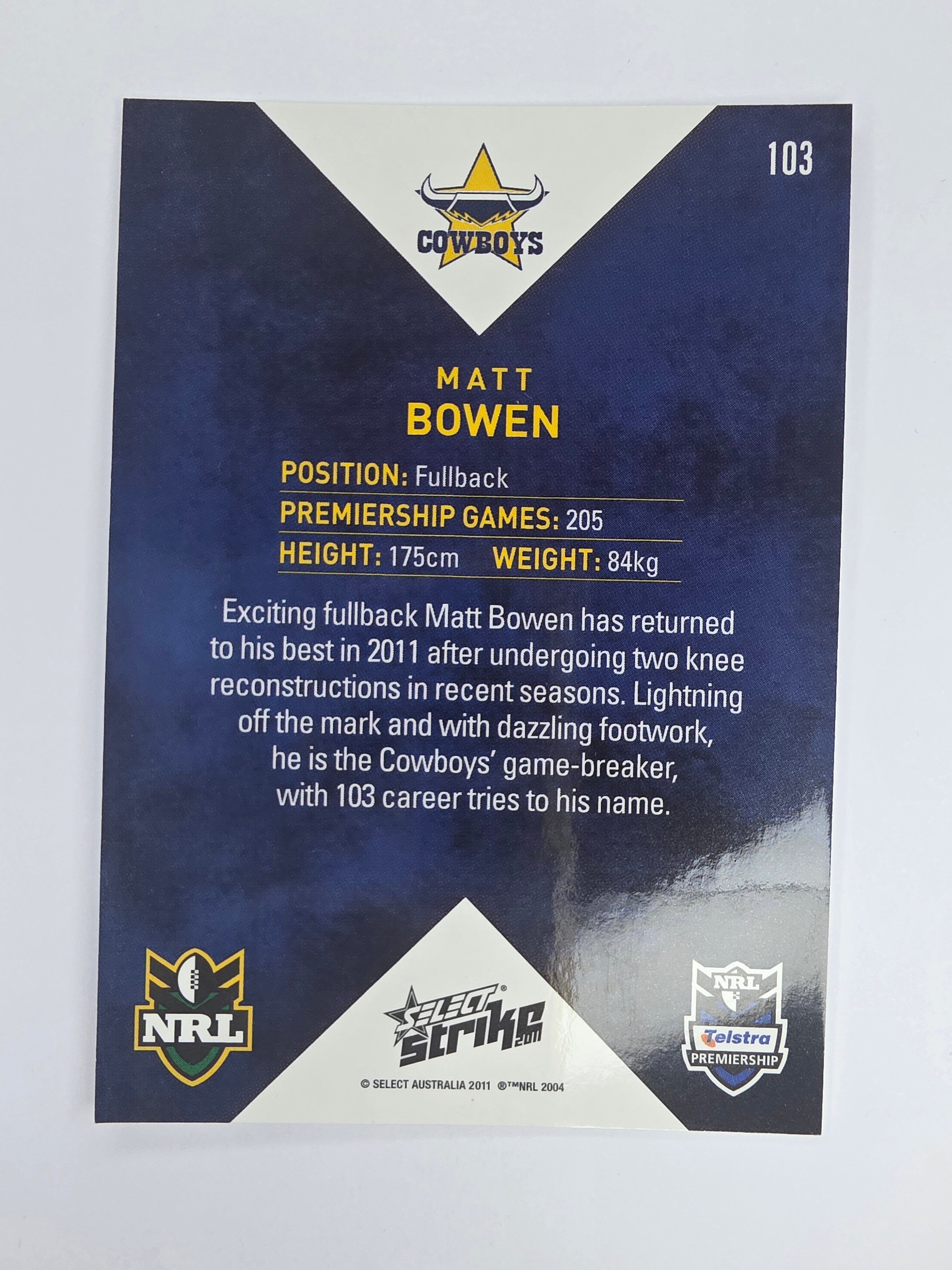 NRL 2011 Strike Base Card #103 Matt Bowen North Queensland Cowboys