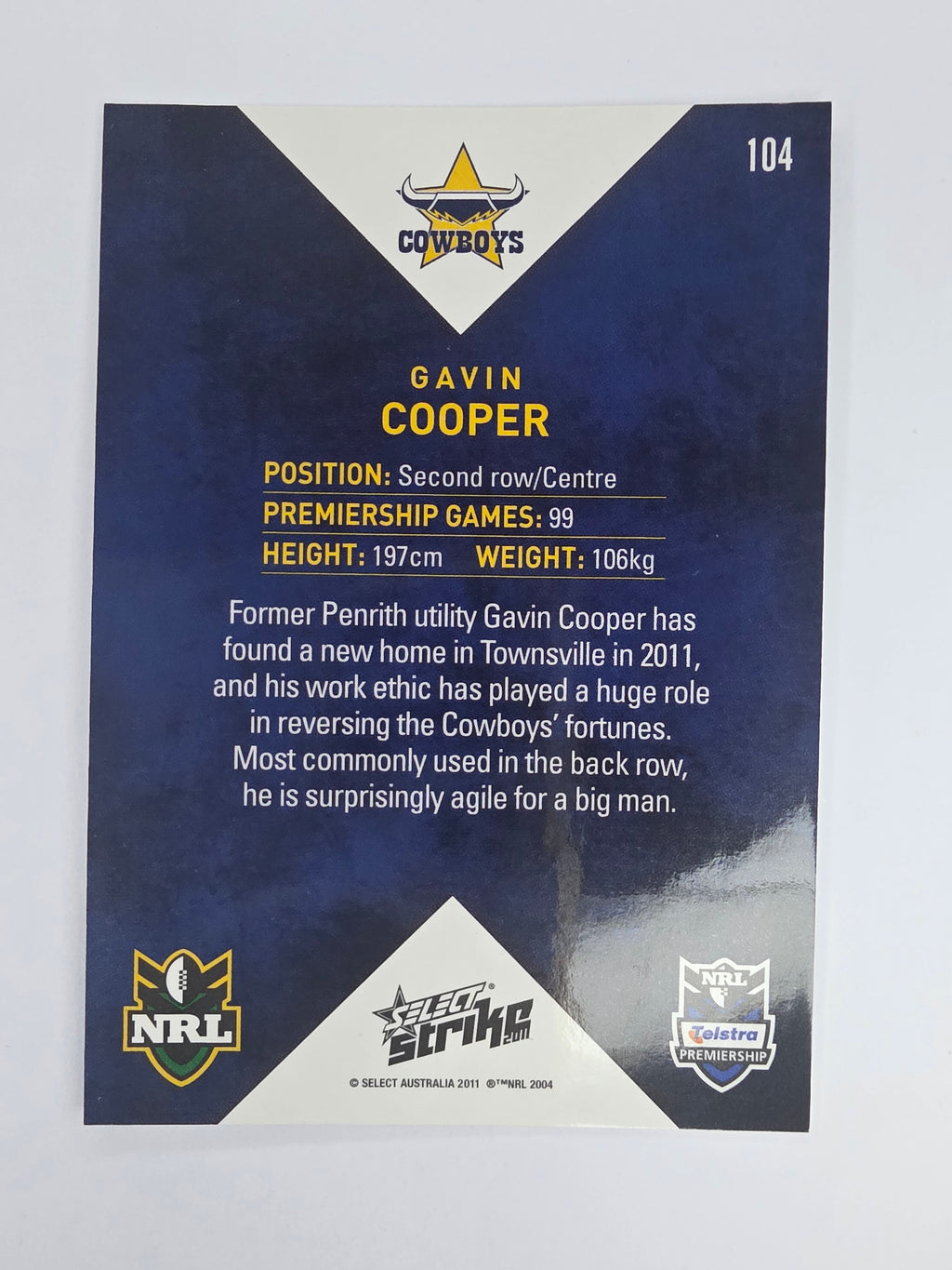 NRL 2011 Strike Base Card #104 Gavin Cooper North Queensland Cowboys