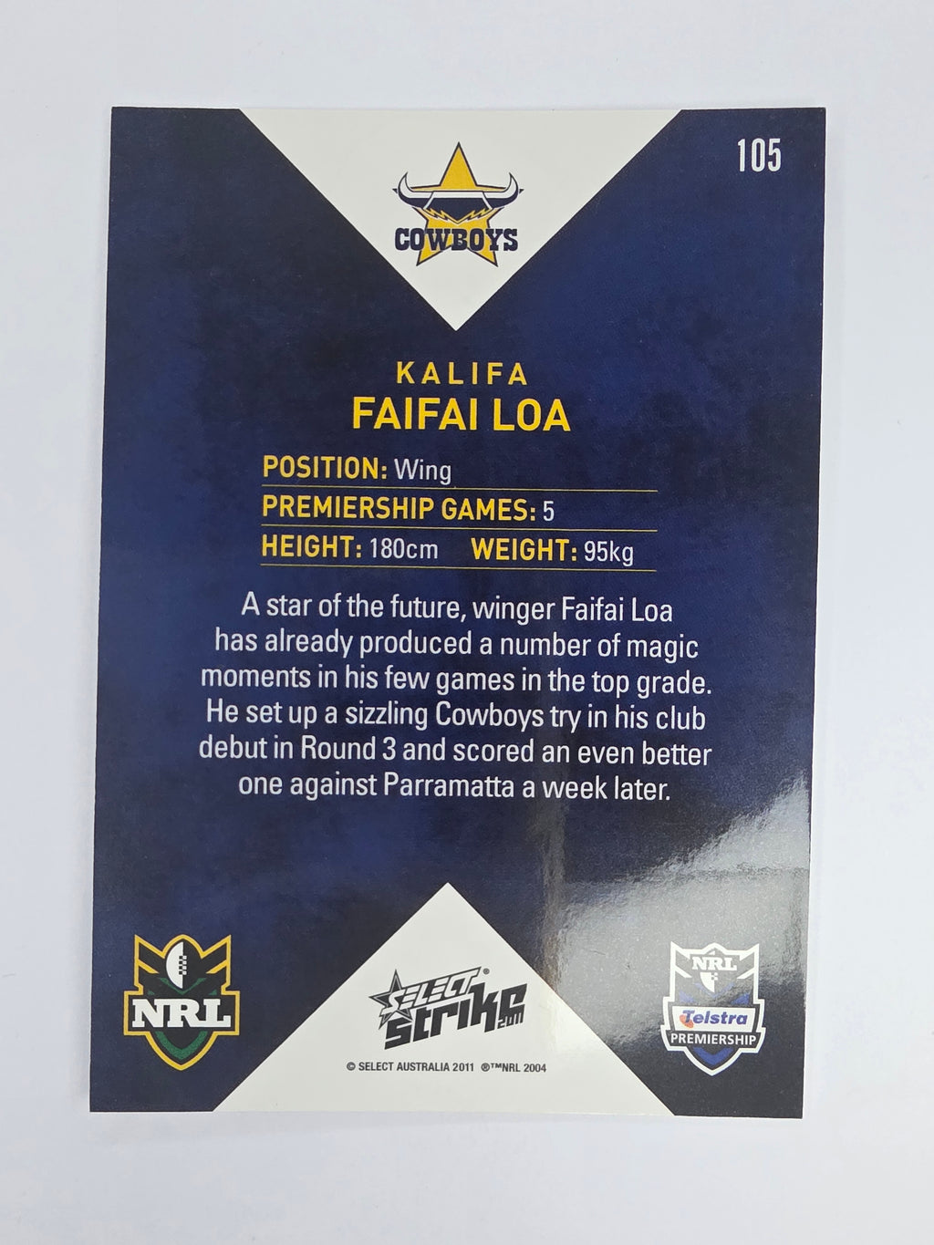 NRL 2011 Strike Base Card #105 Kalifa Faifai Loa North Queensland Cowboys
