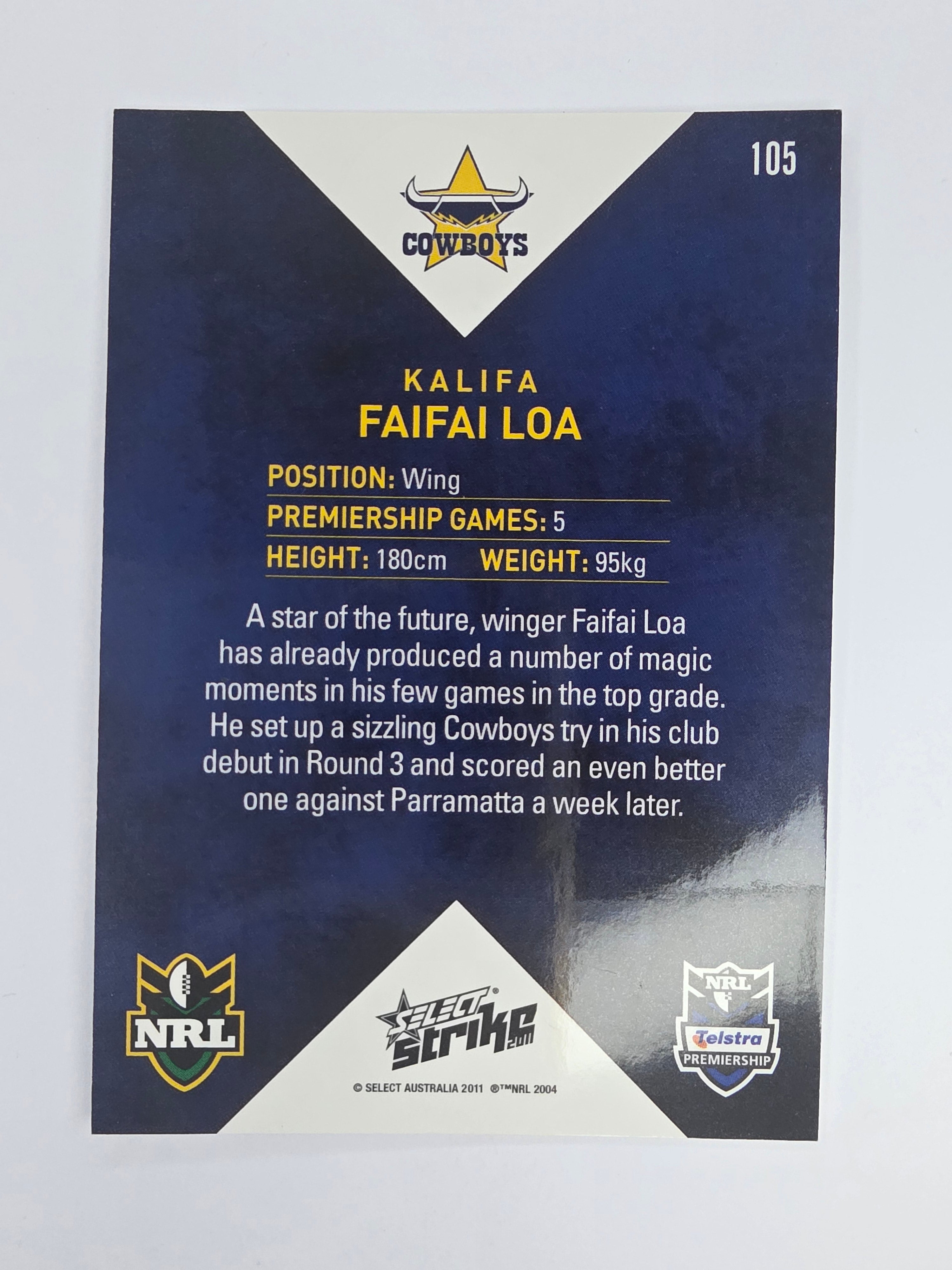 NRL 2011 Strike Base Card #105 Kalifa Faifai Loa North Queensland Cowboys