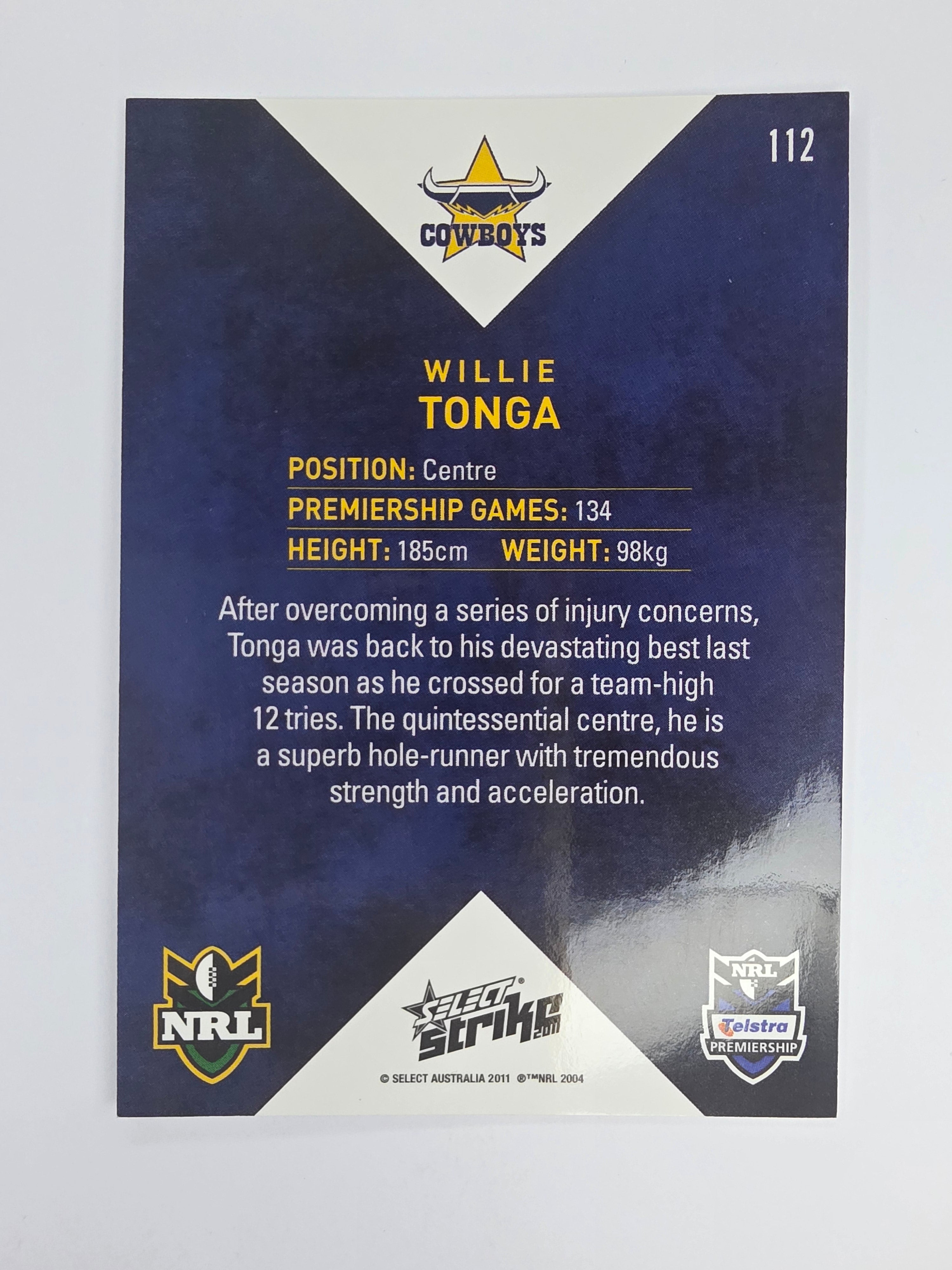 NRL 2011 Strike Base Card #112 Willie Tonga North Queensland Cowboys