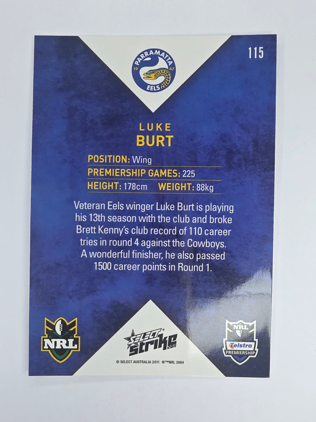 NRL 2011 Strike Base Card #115 Luke Burt Parramatta Eels
