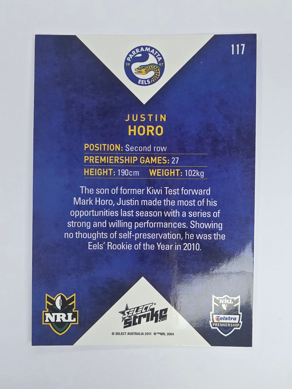 NRL 2011 Strike Base Card #117 Justin Horo Parramatta Eels