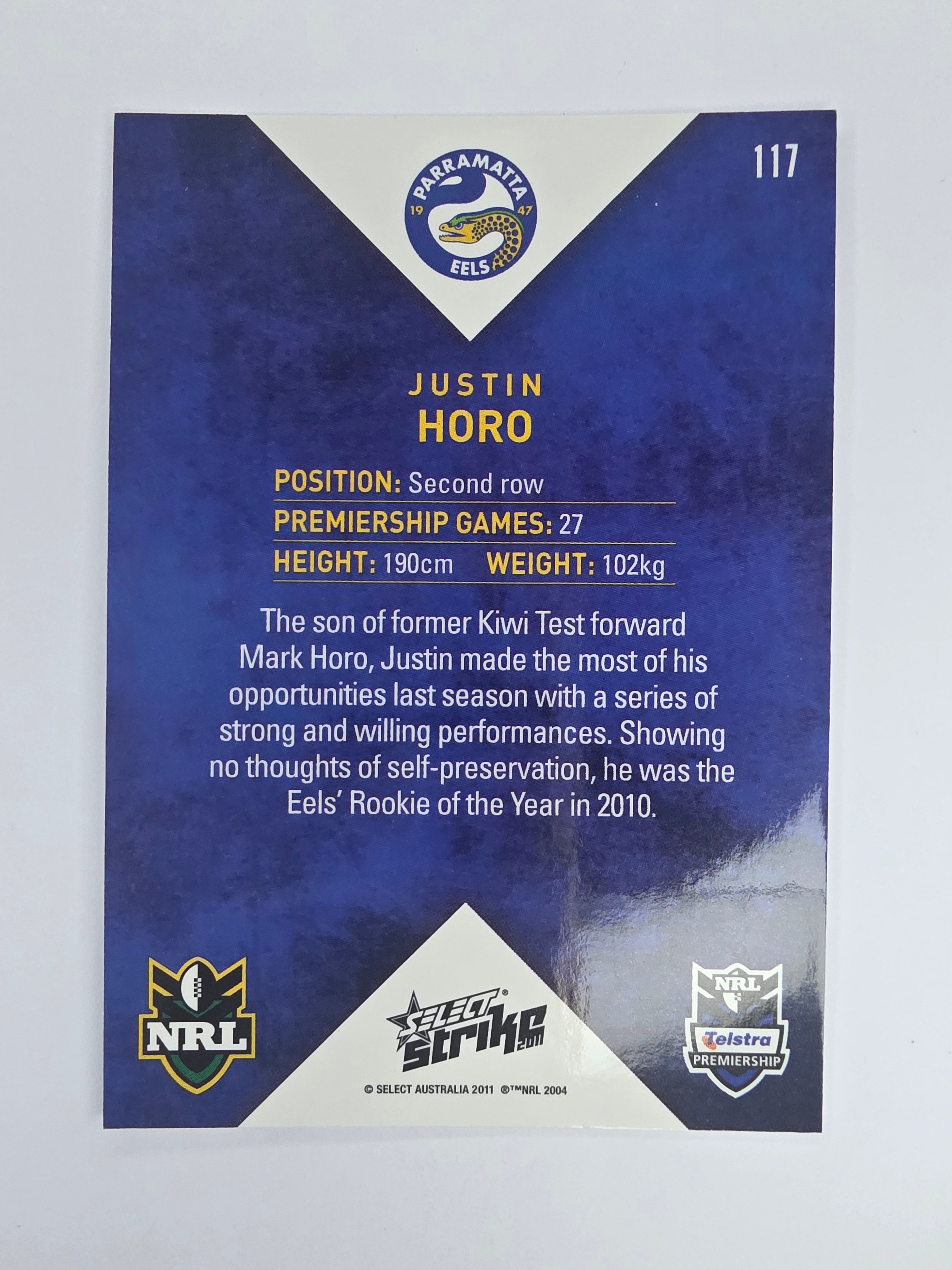 NRL 2011 Strike Base Card #117 Justin Horo Parramatta Eels