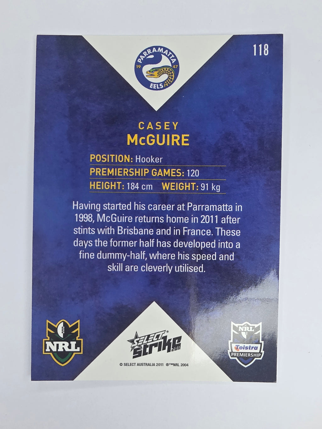 NRL 2011 Strike Base Card #118 Casey McGuire Parramatta Eels