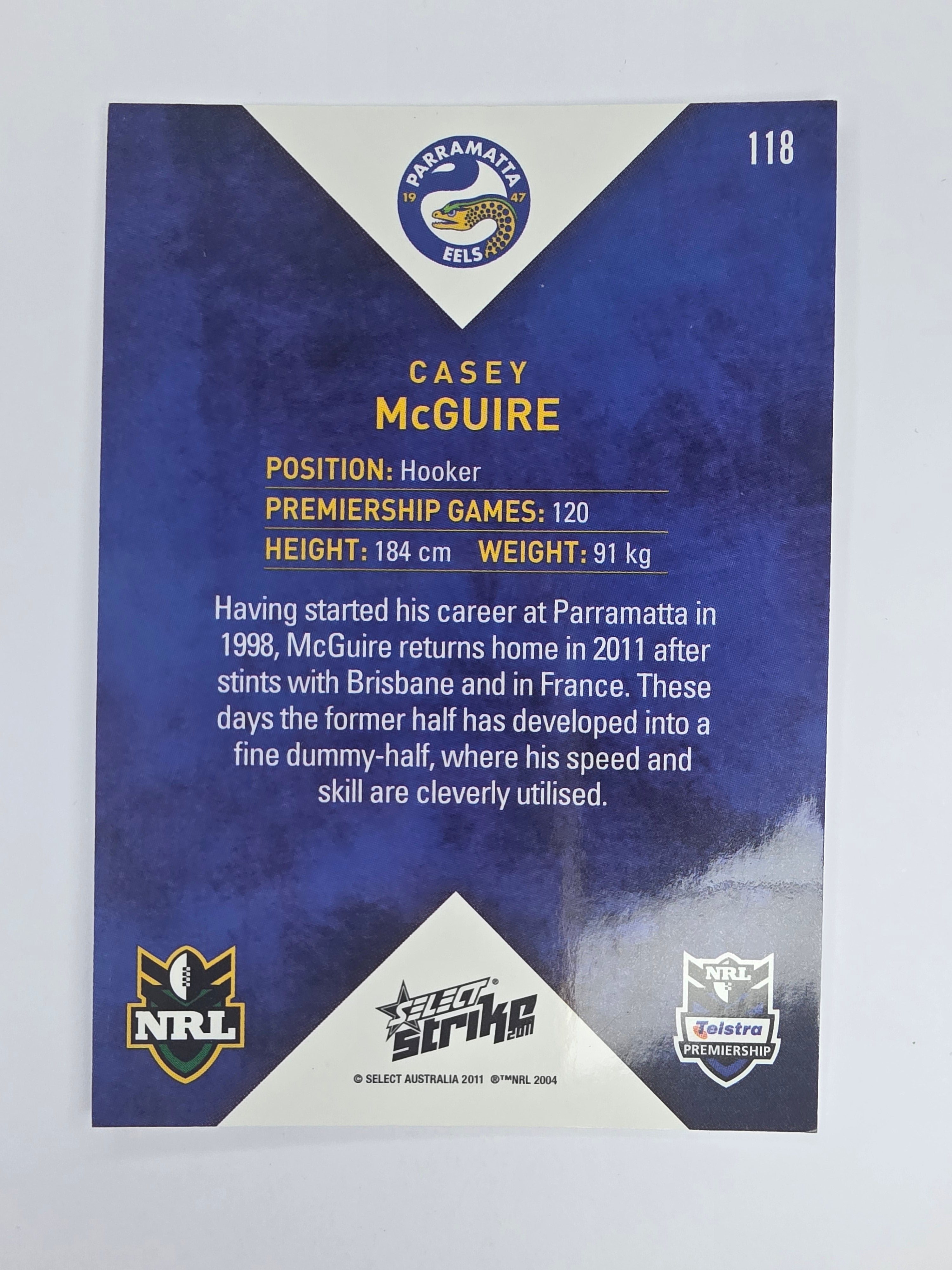 NRL 2011 Strike Base Card #118 Casey McGuire Parramatta Eels