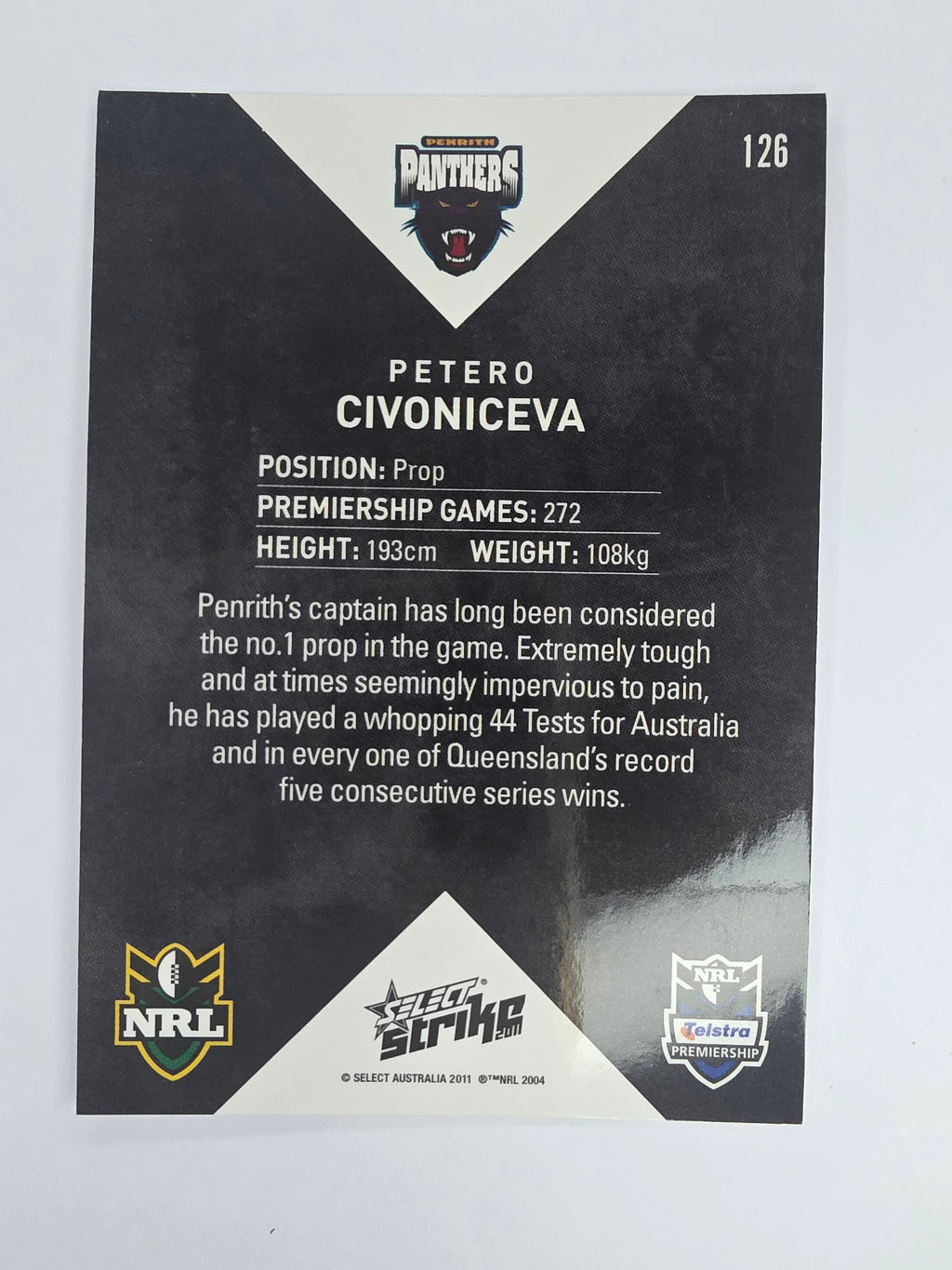 NRL 2011 Strike Base Card #126 Petero Civoniceva Penrith Panthers