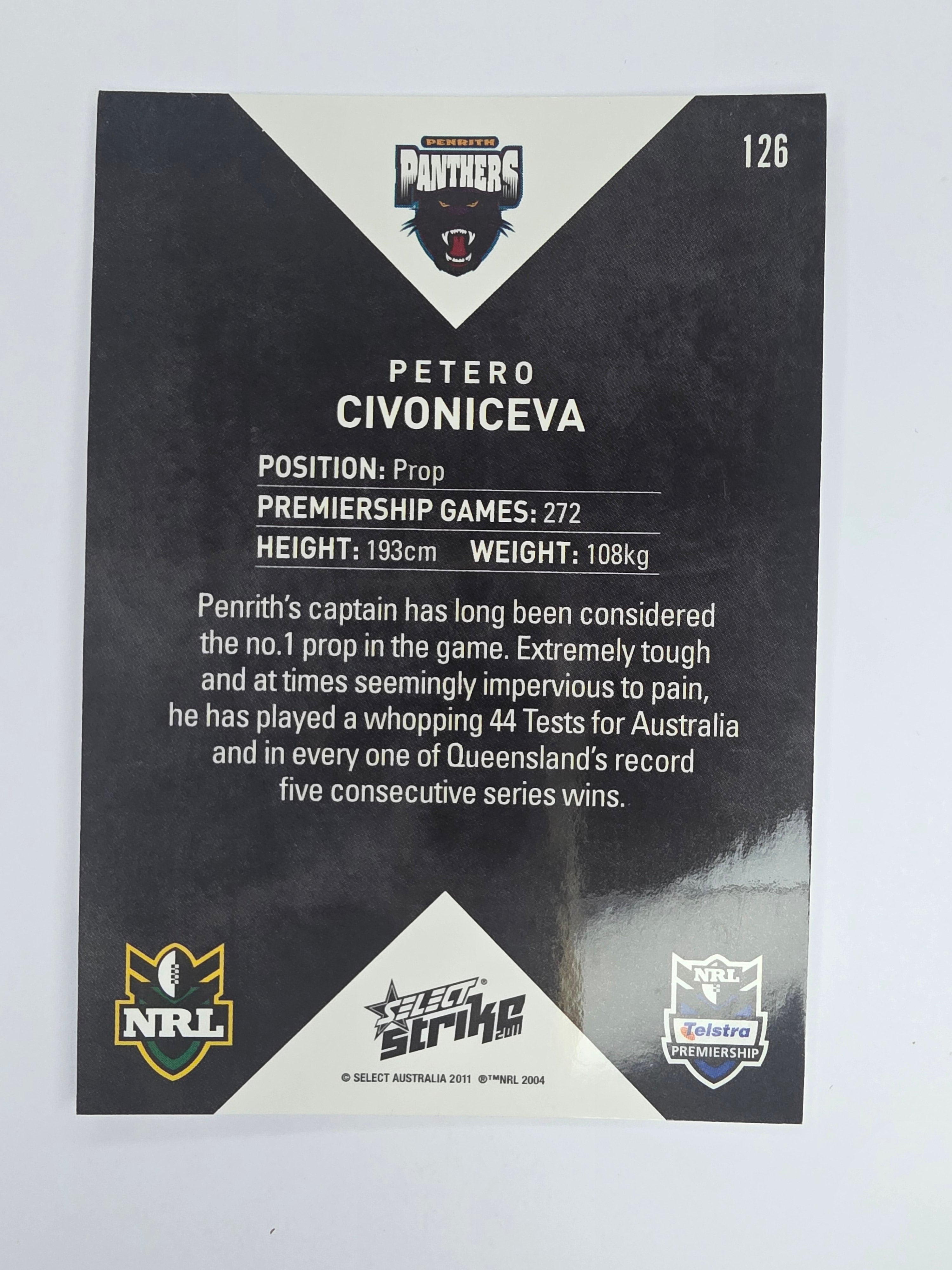 NRL 2011 Strike Base Card #126 Petero Civoniceva Penrith Panthers