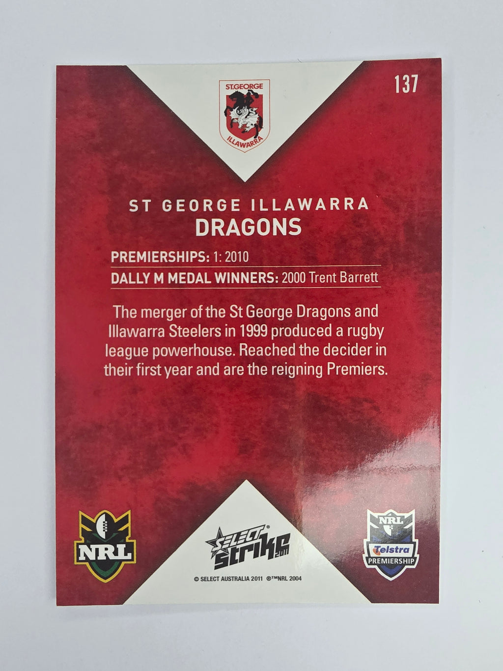 NRL 2011 Strike Base Card #137 St George Illawarra Dragons Logo