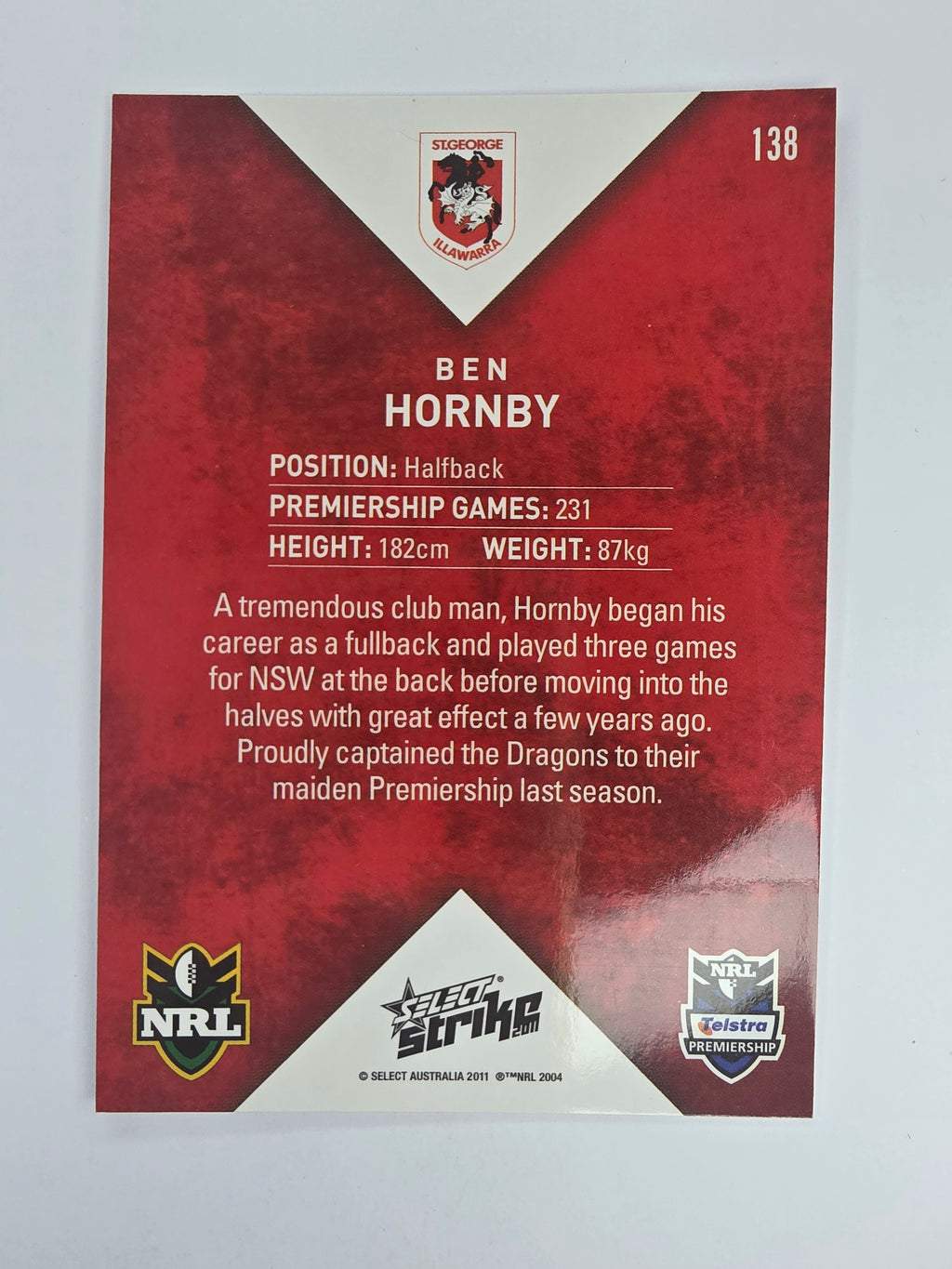NRL 2011 Strike Base Card #138 Ben Hornby St George Illawarra Dragons