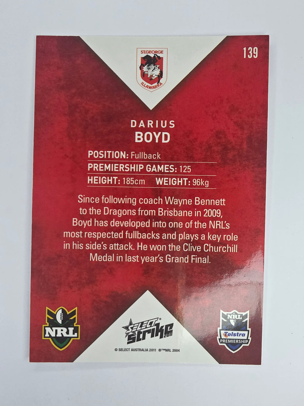 NRL 2011 Strike Base Card #139 Darius Boyd St George Illawarra Dragons