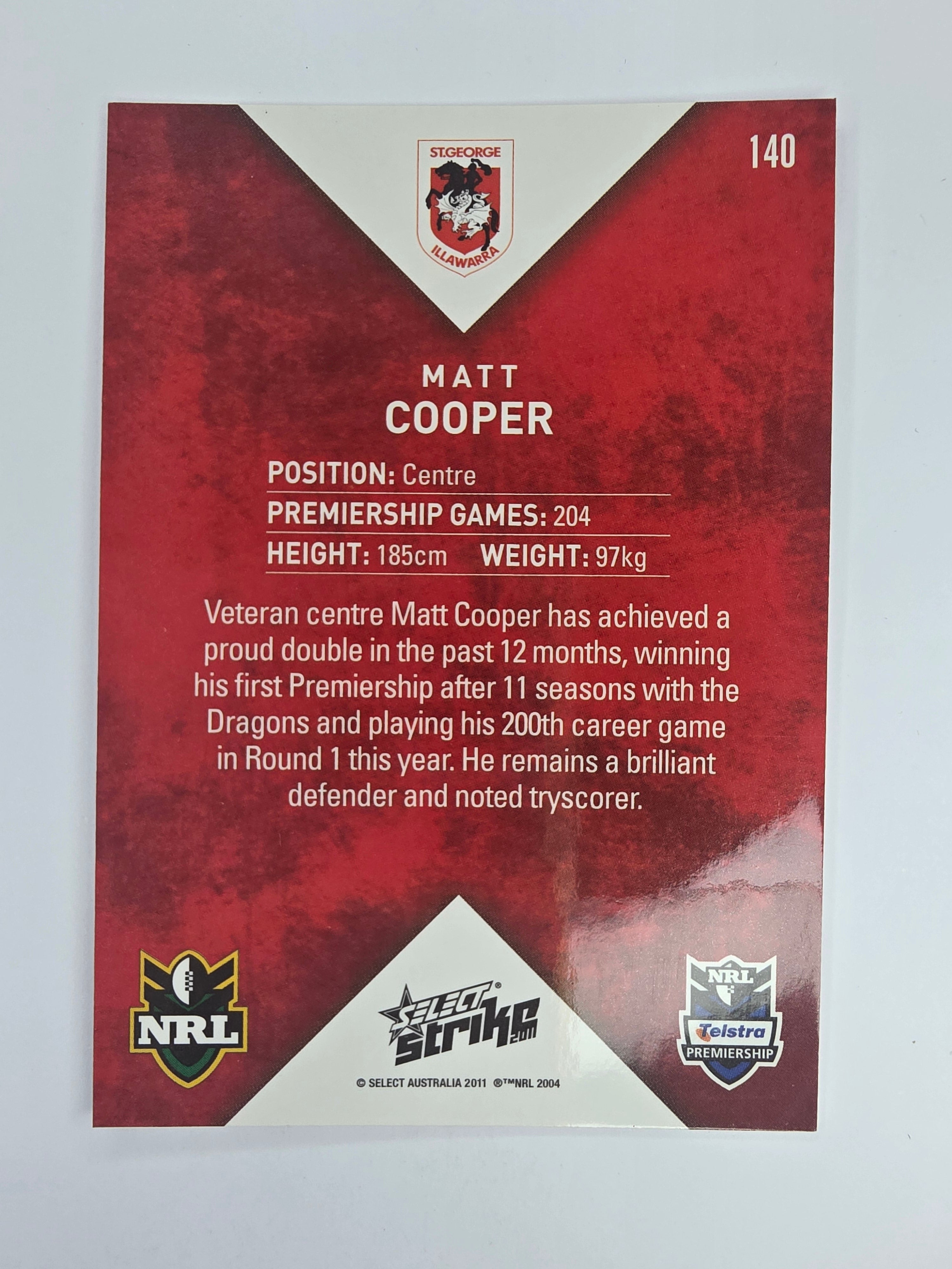 NRL 2011 Strike Base Card #140 Matt Cooper St George Illawarra Dragons