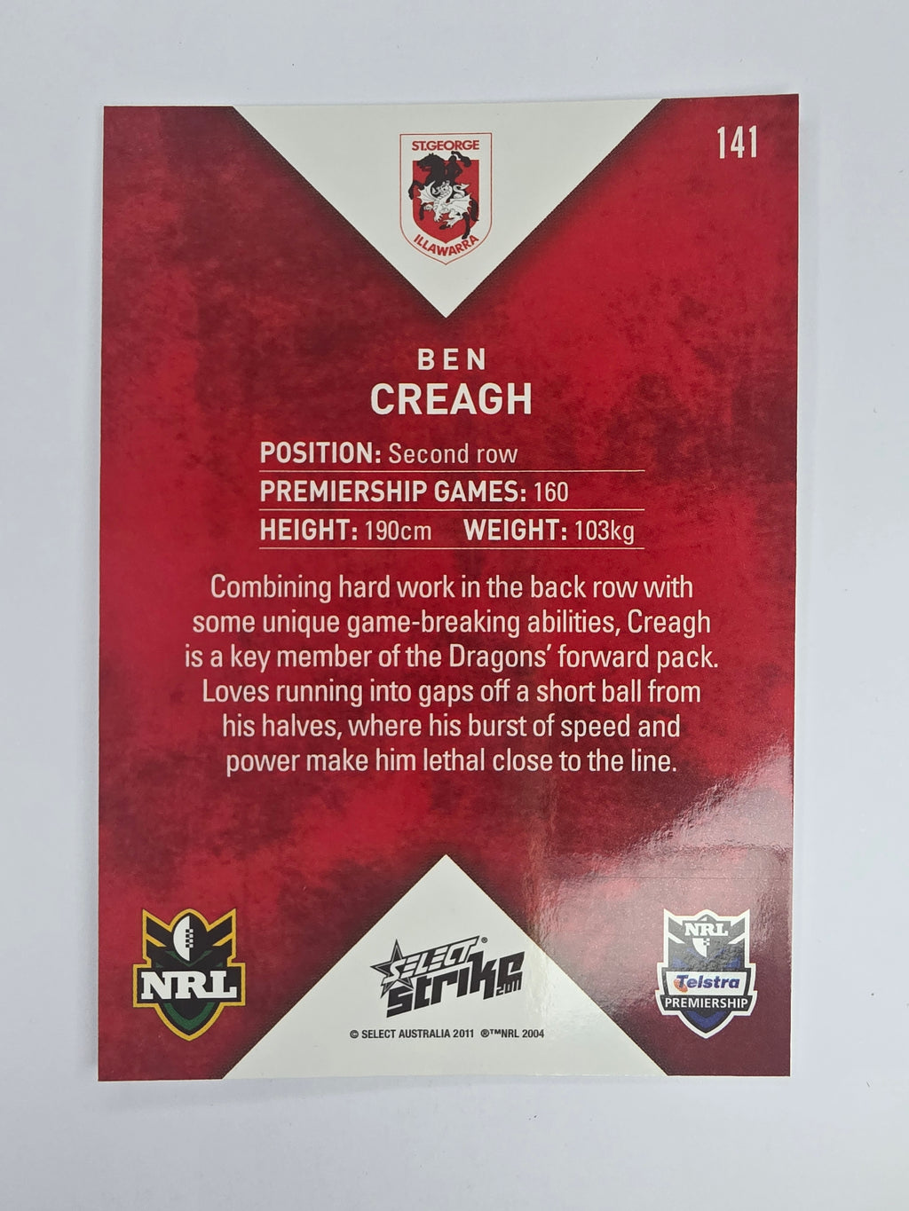 NRL 2011 Strike Base Card #141 Ben Creagh St George Illawarra Dragons