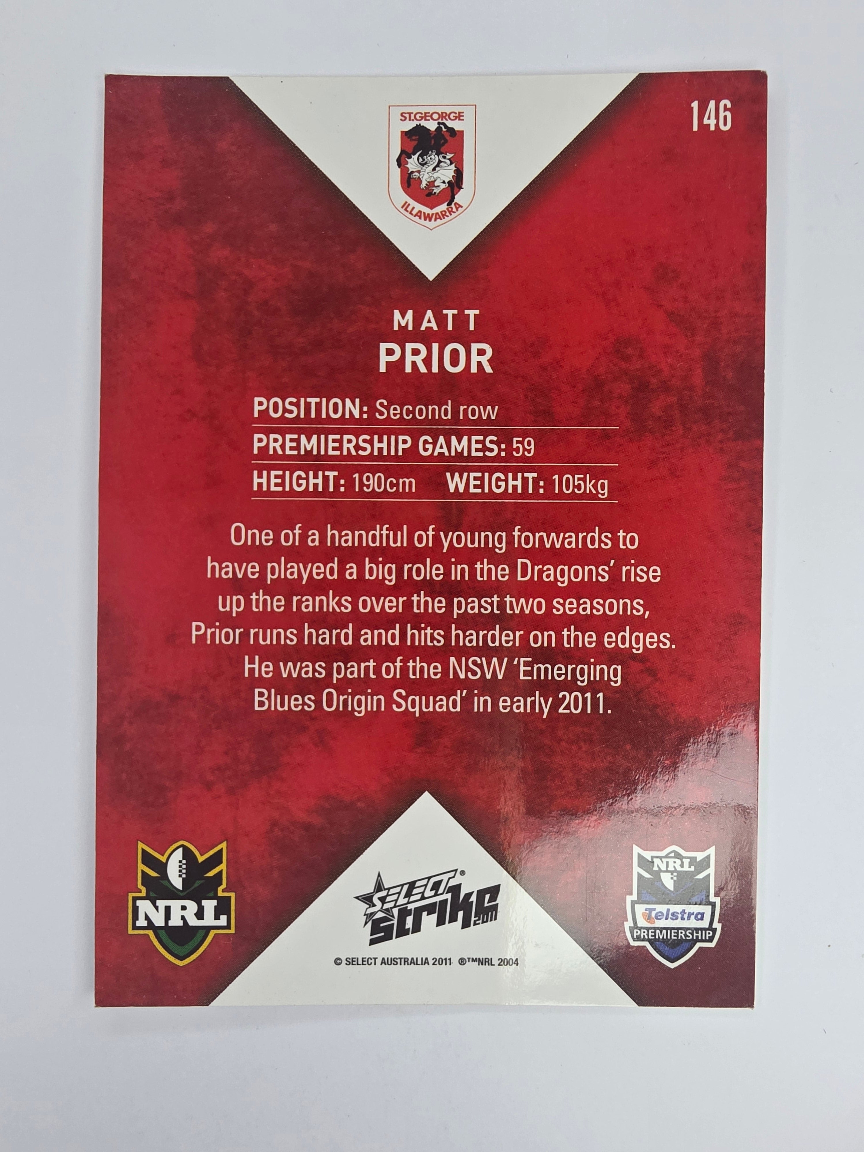 NRL 2011 Strike Base Card #146 Matt Prior St George Illawarra Dragons
