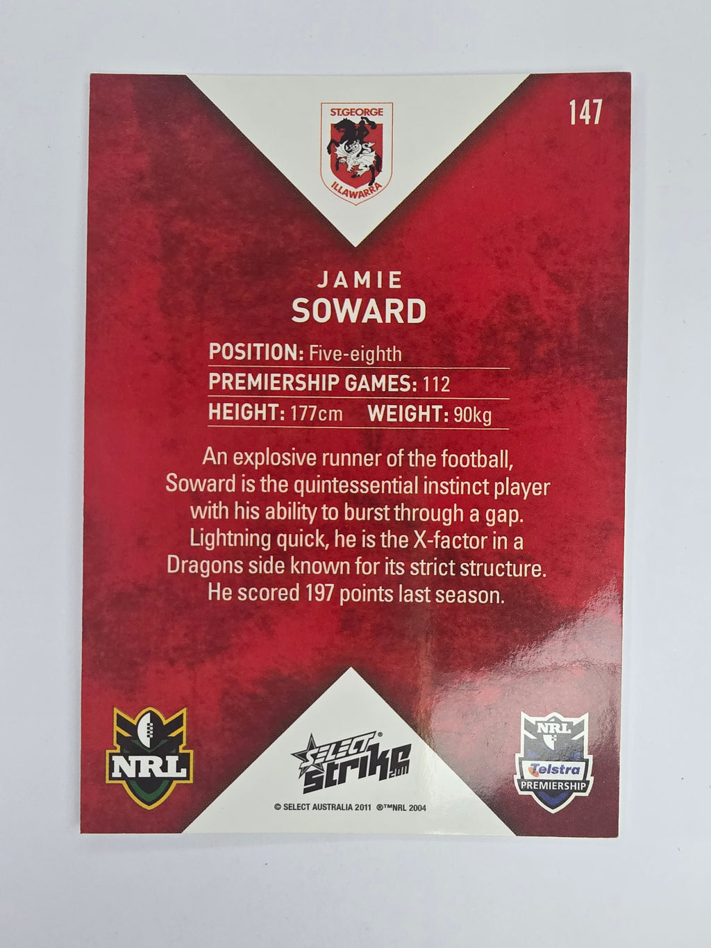 NRL 2011 Strike Base Card #147 Jamie Soward St George Illawarra Dragons