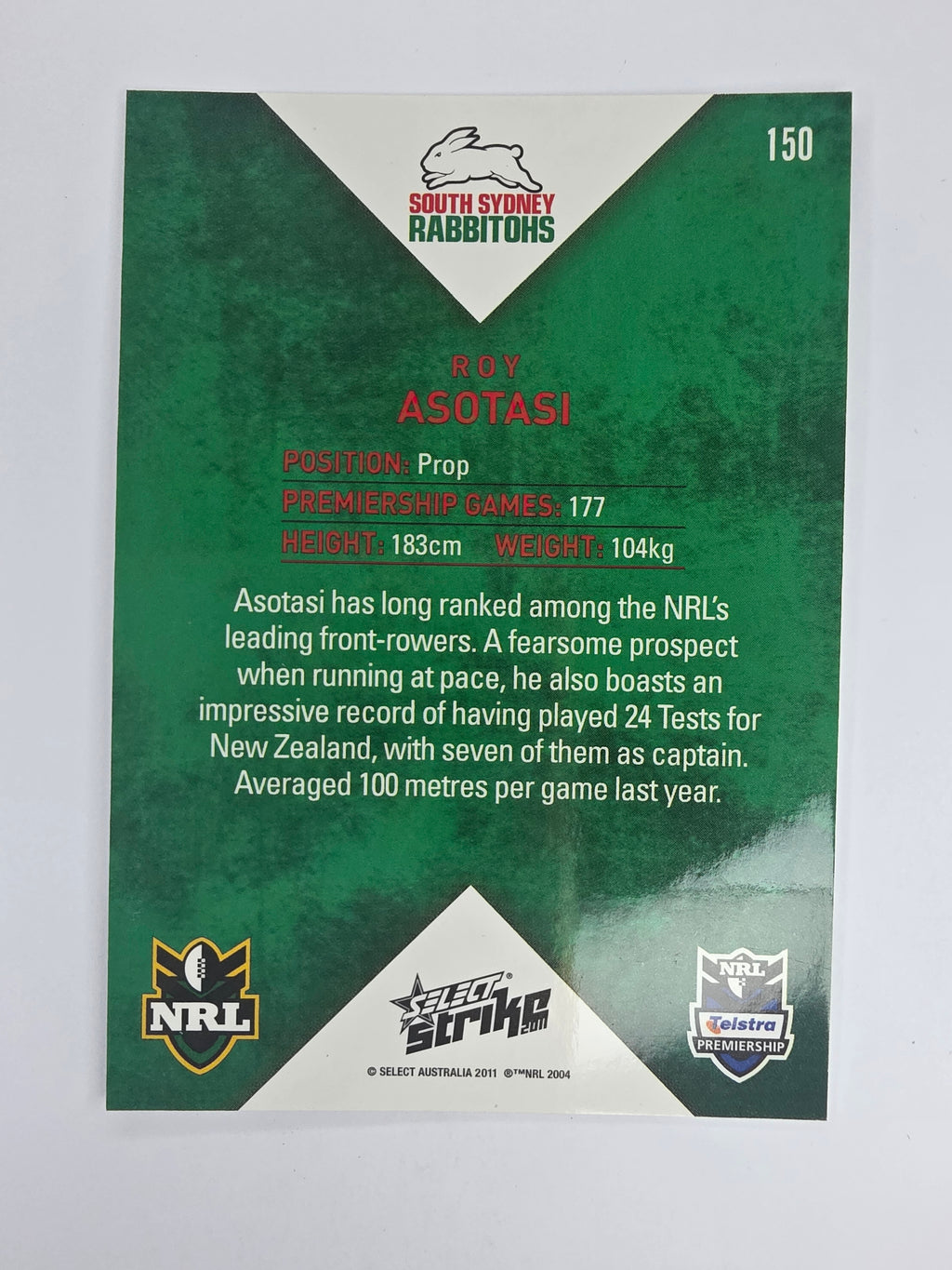 NRL 2011 Strike Base Card #150 Roy Asotasi South Sydney Rabbitohs