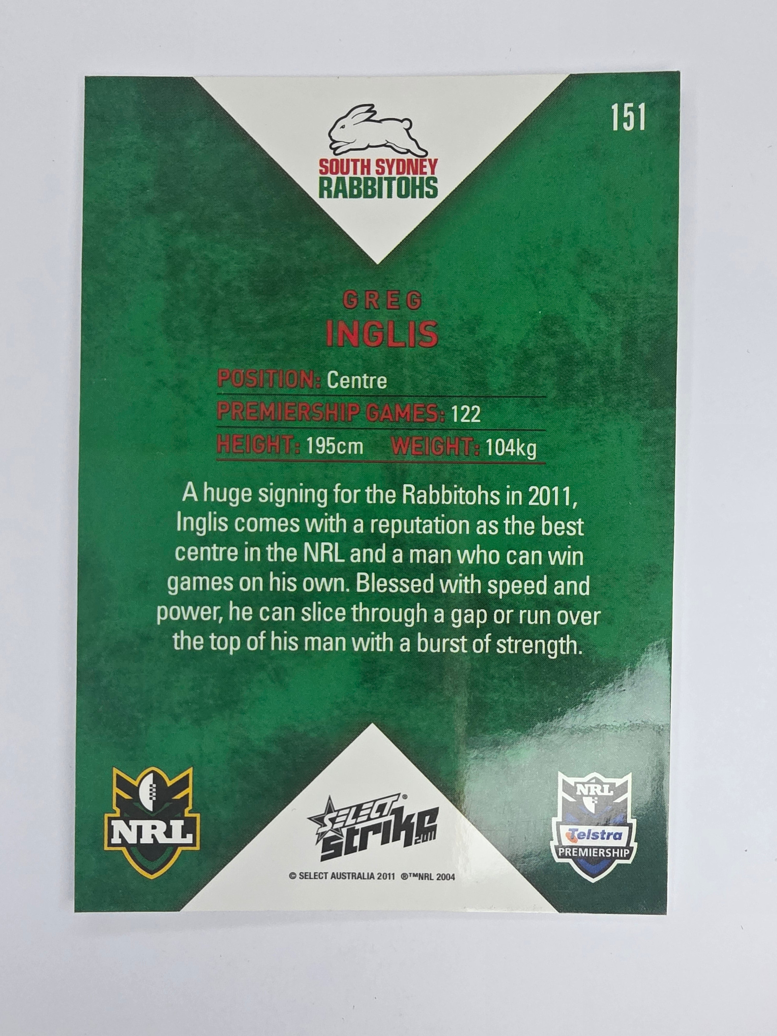 NRL 2011 Strike Base Card #151 Greg Inglis South Sydney Rabbitohs