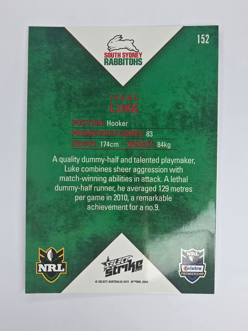 NRL 2011 Strike Base Card #152 Issac Luke South Sydney Rabbitohs