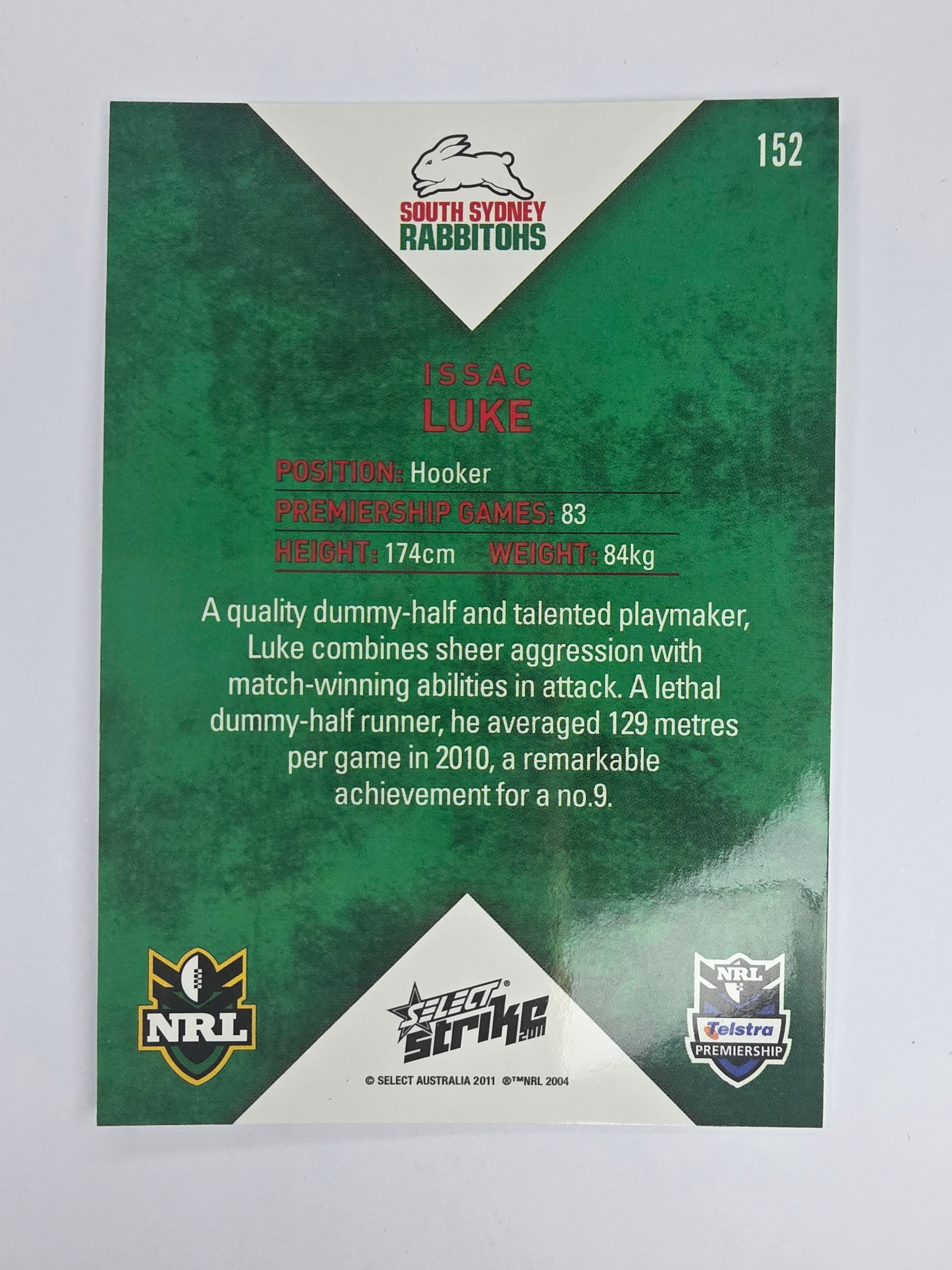 NRL 2011 Strike Base Card #152 Issac Luke South Sydney Rabbitohs