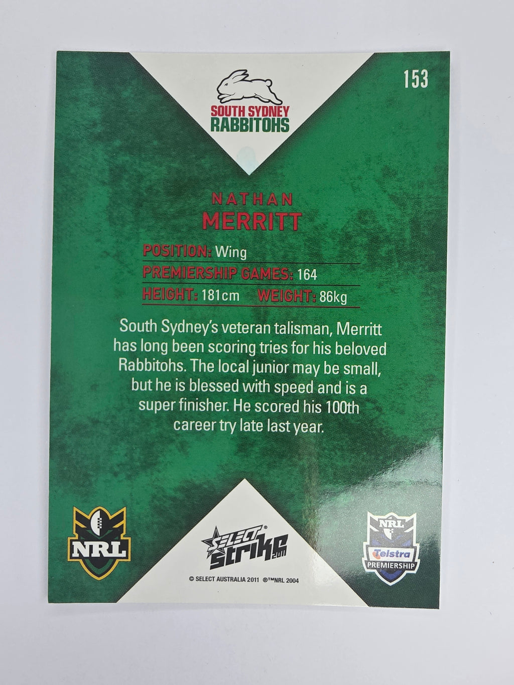 NRL 2011 Strike Base Card #153 Nathan Merritt South Sydney Rabbitohs