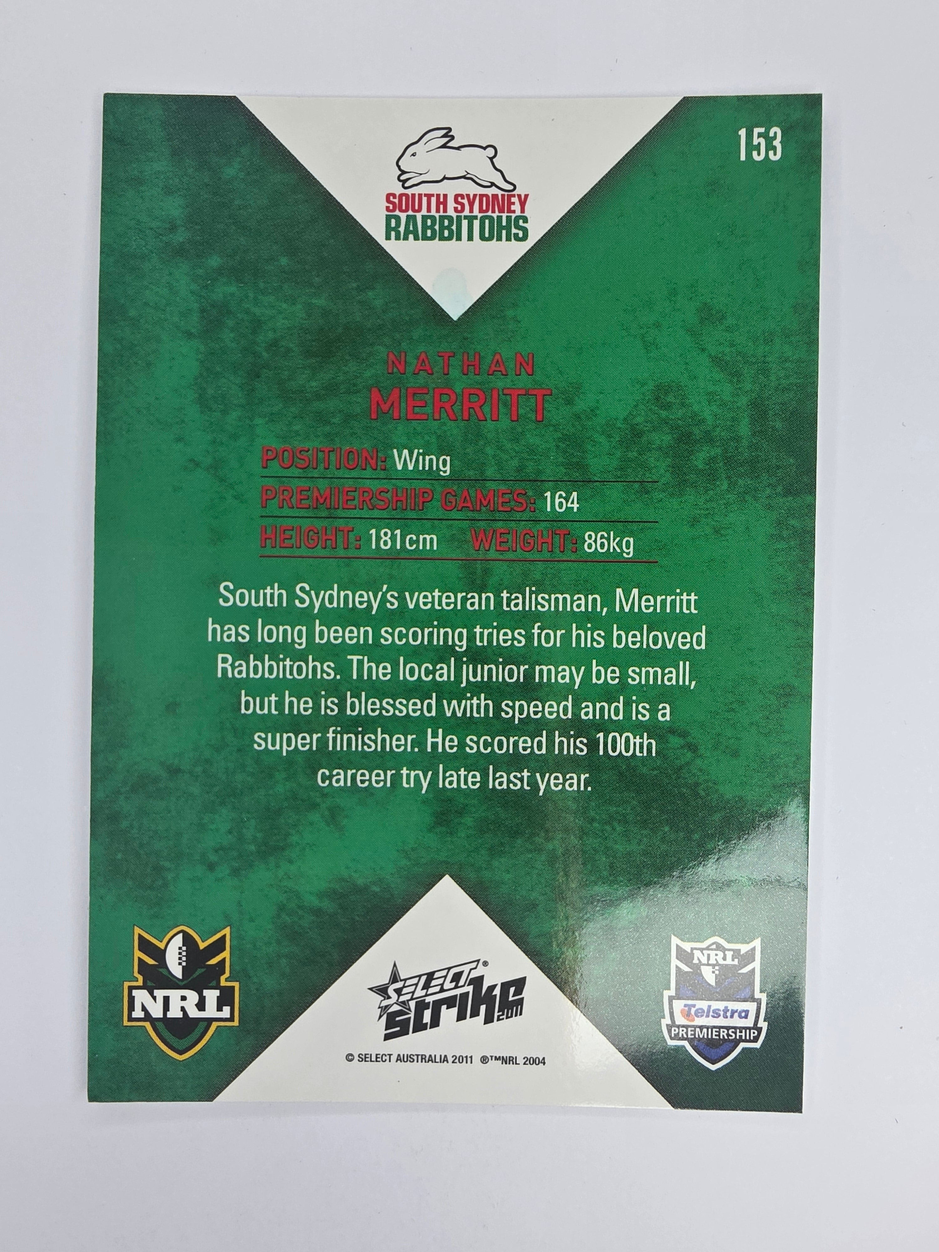 NRL 2011 Strike Base Card #153 Nathan Merritt South Sydney Rabbitohs