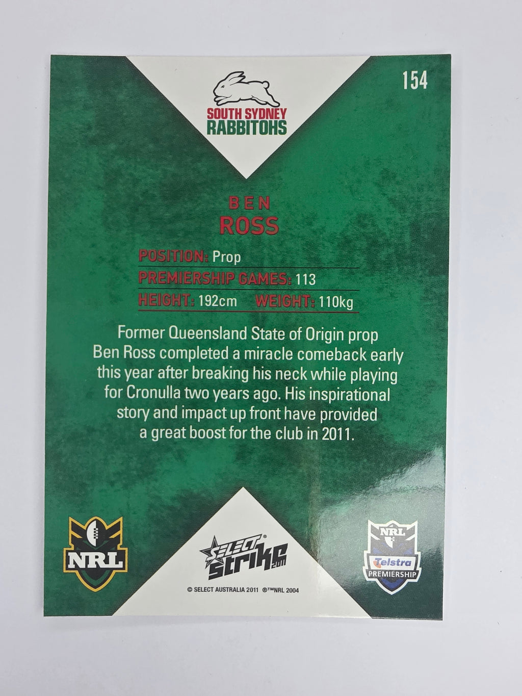 NRL 2011 Strike Base Card #154 Ben Ross South Sydney Rabbitohs