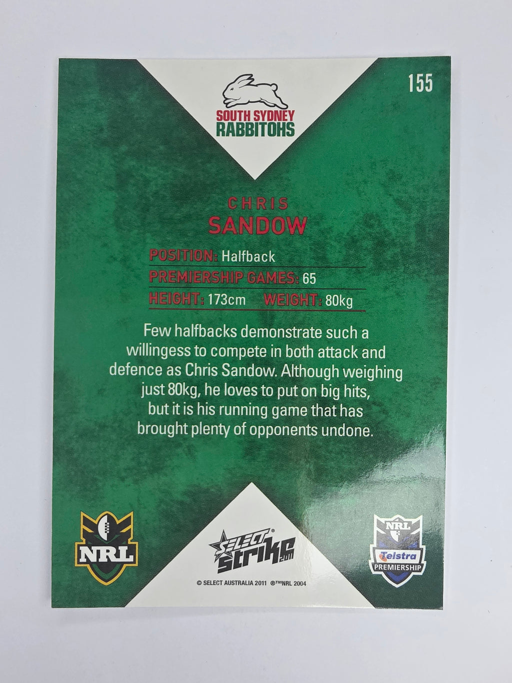 NRL 2011 Strike Base Card #155 Chris Sandow South Sydney Rabbitohs