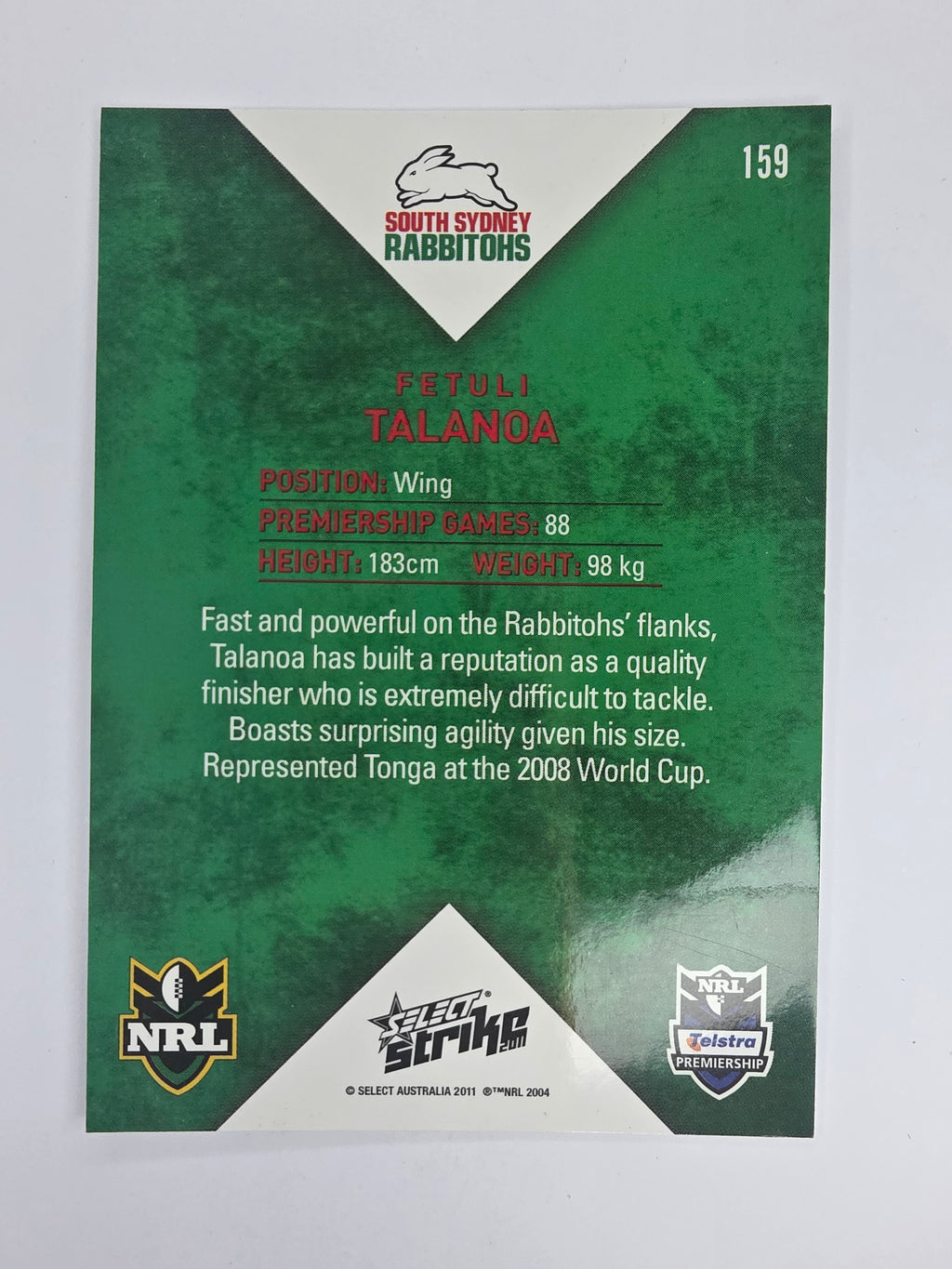 NRL 2011 Strike Base Card #159 Fetuli Talanoa South Sydney Rabbitohs