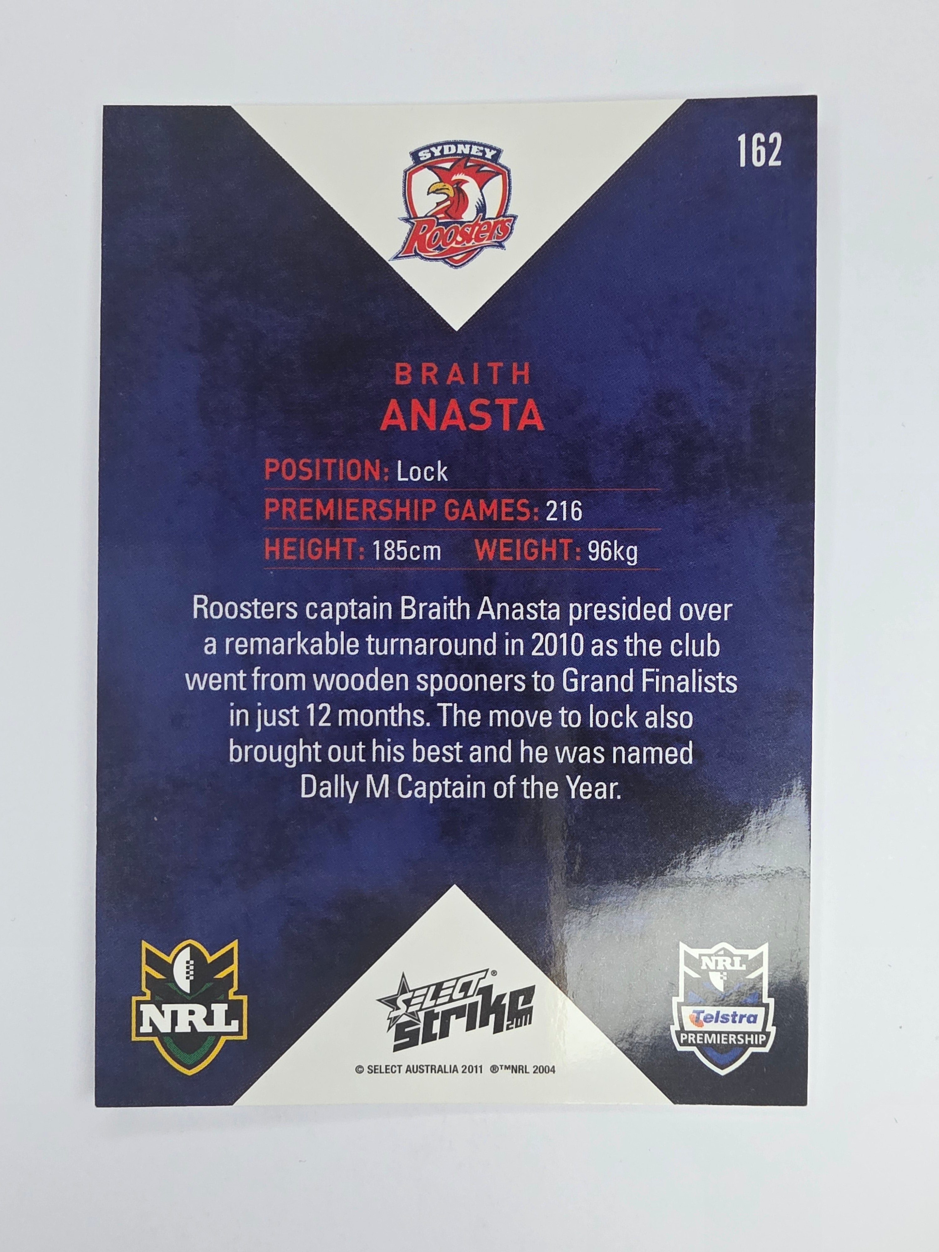 NRL 2011 Strike Base Card #162 Braith Anasta Sydney Roosters