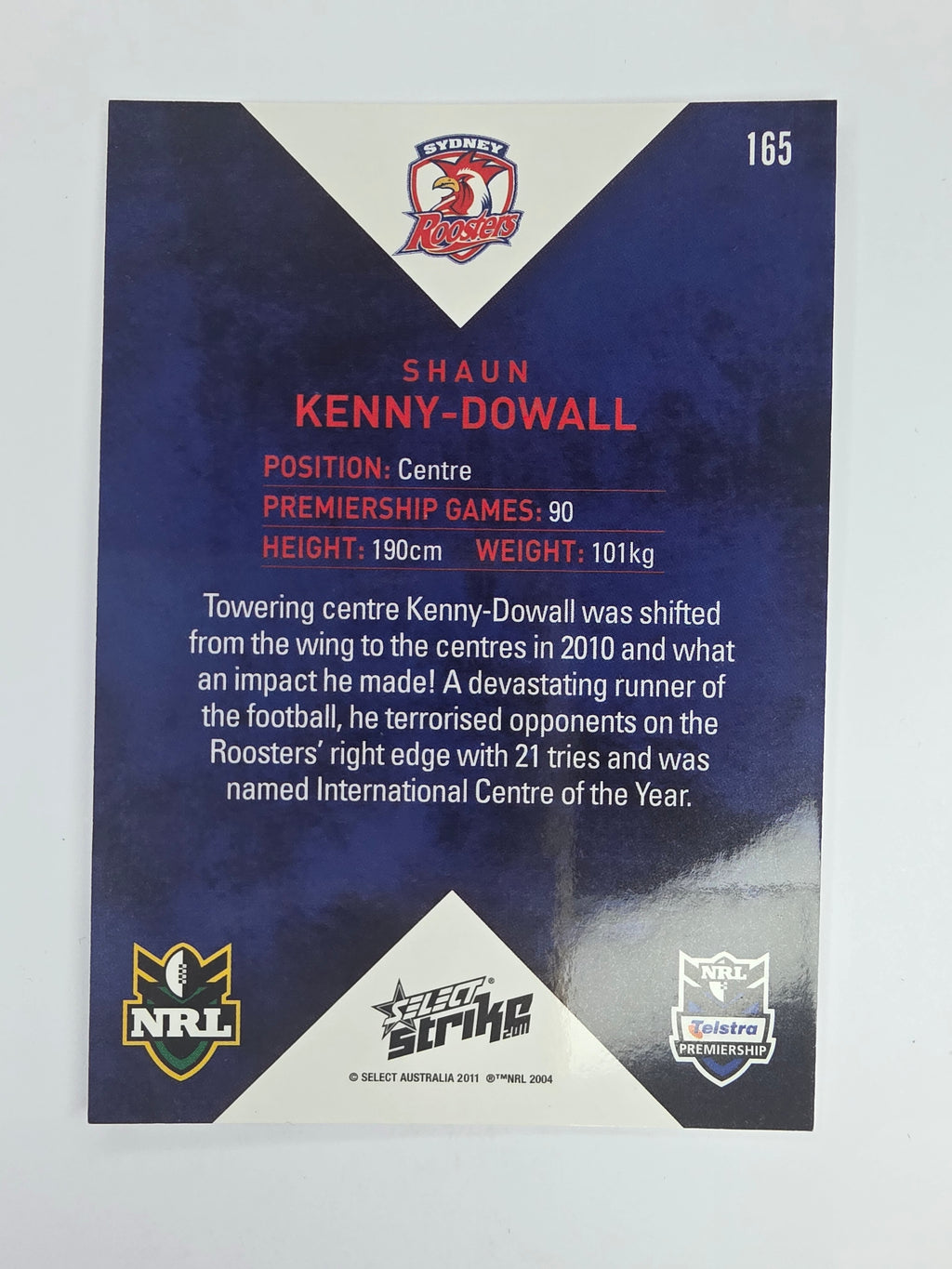 NRL 2011 Strike Base Card #165 Shaun Kenny-Dowall Sydney Roosters