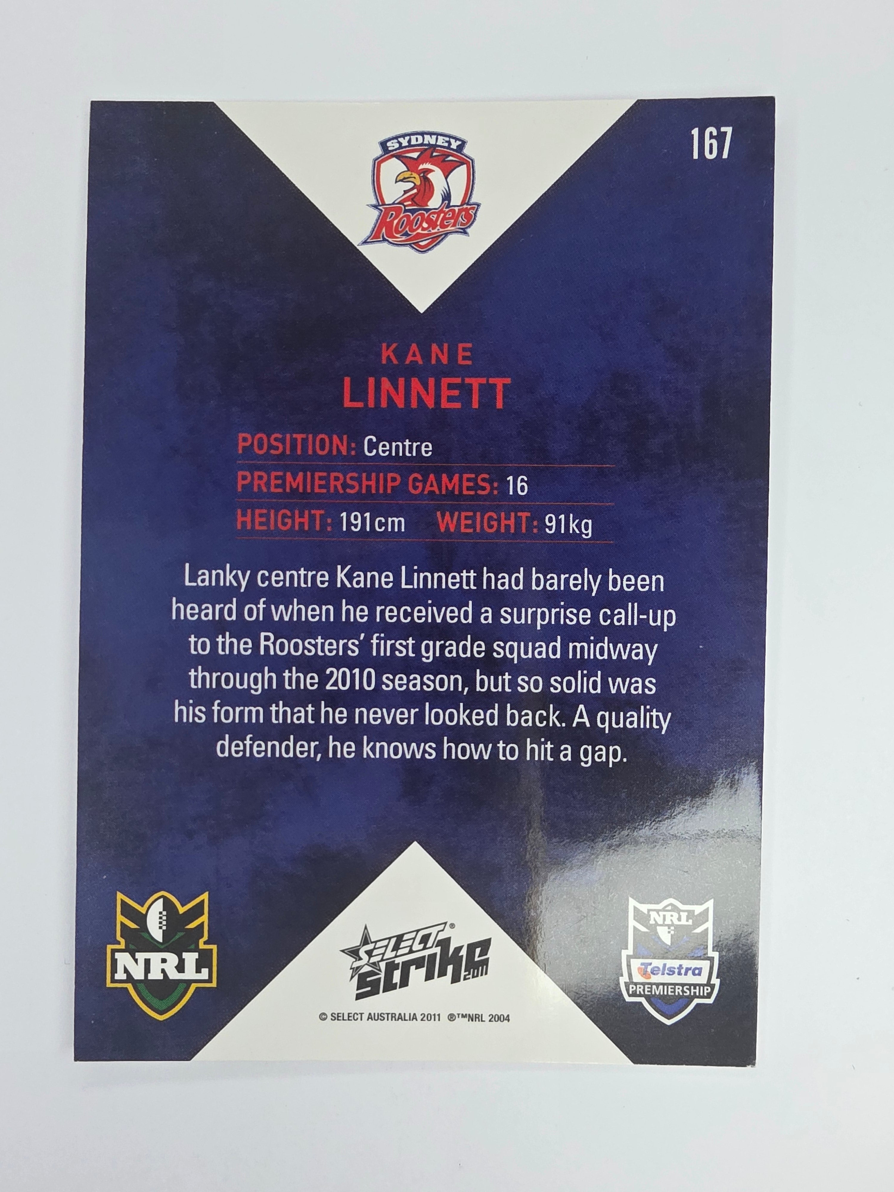 NRL 2011 Strike Base Card #167 Kane Linnett Sydney Roosters