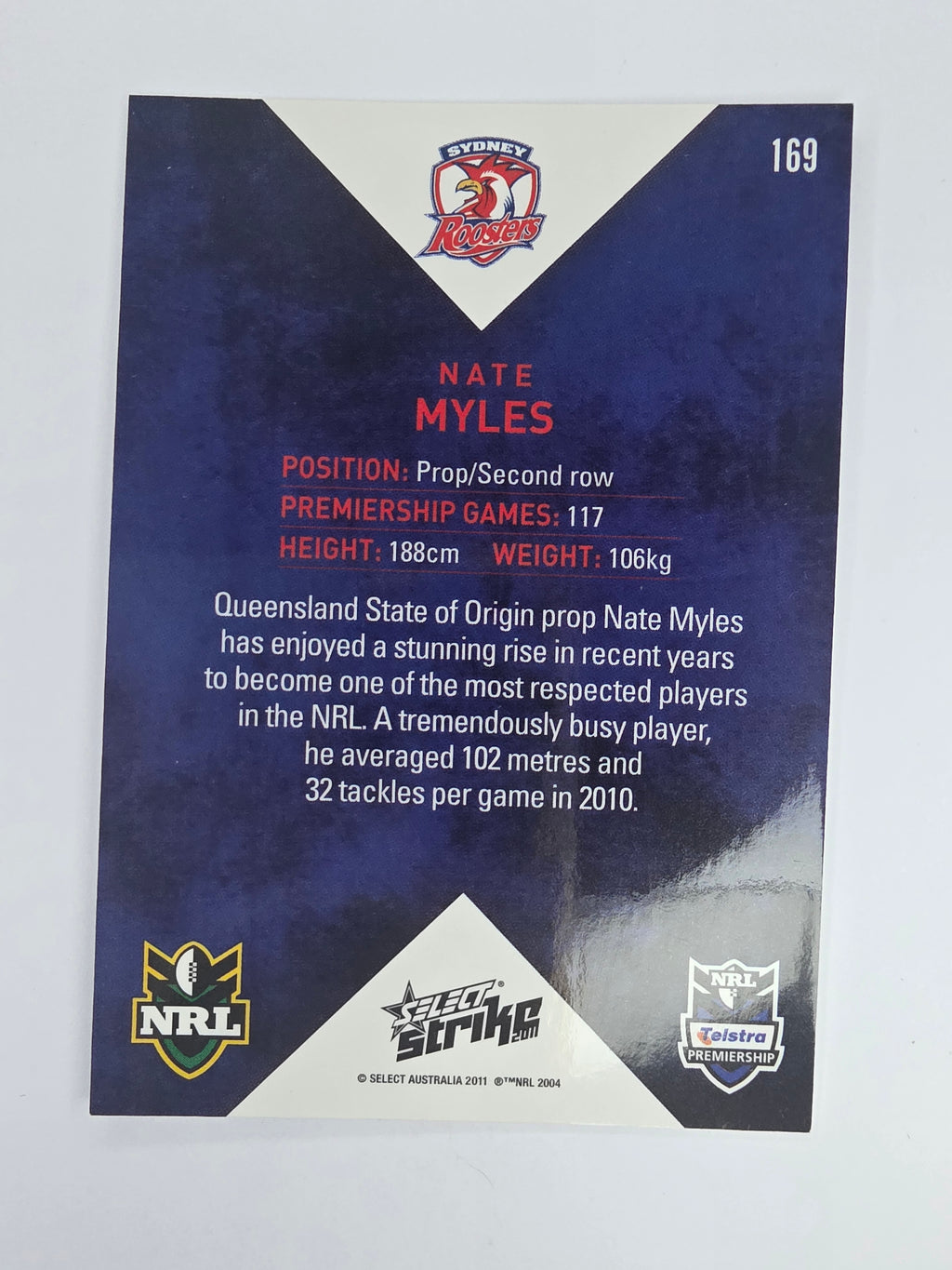 NRL 2011 Strike Base Card #169 Nate Myles Sydney Roosters