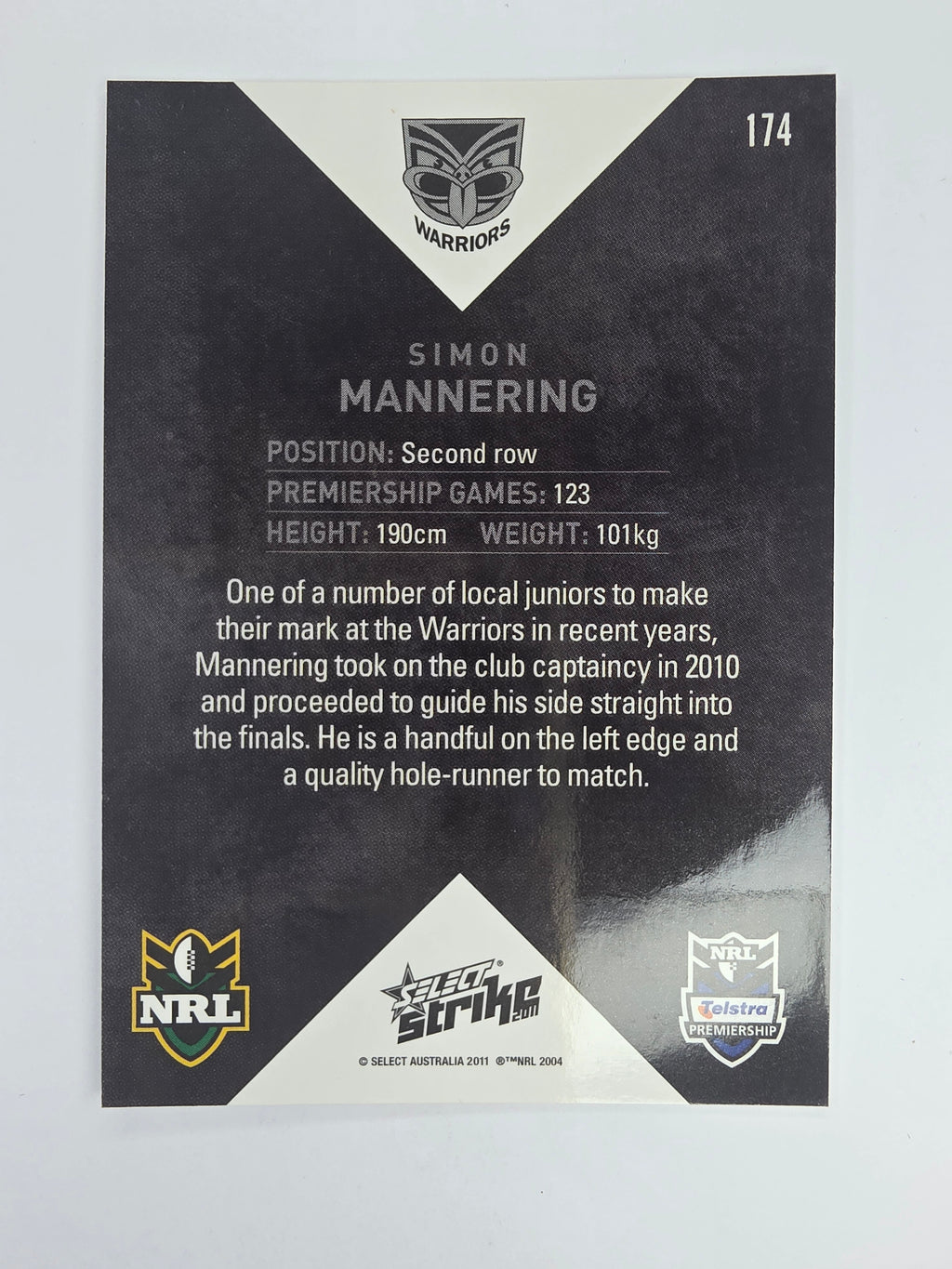 NRL 2011 Strike Base Card #174 Simon Mannering New Zealand Warriors