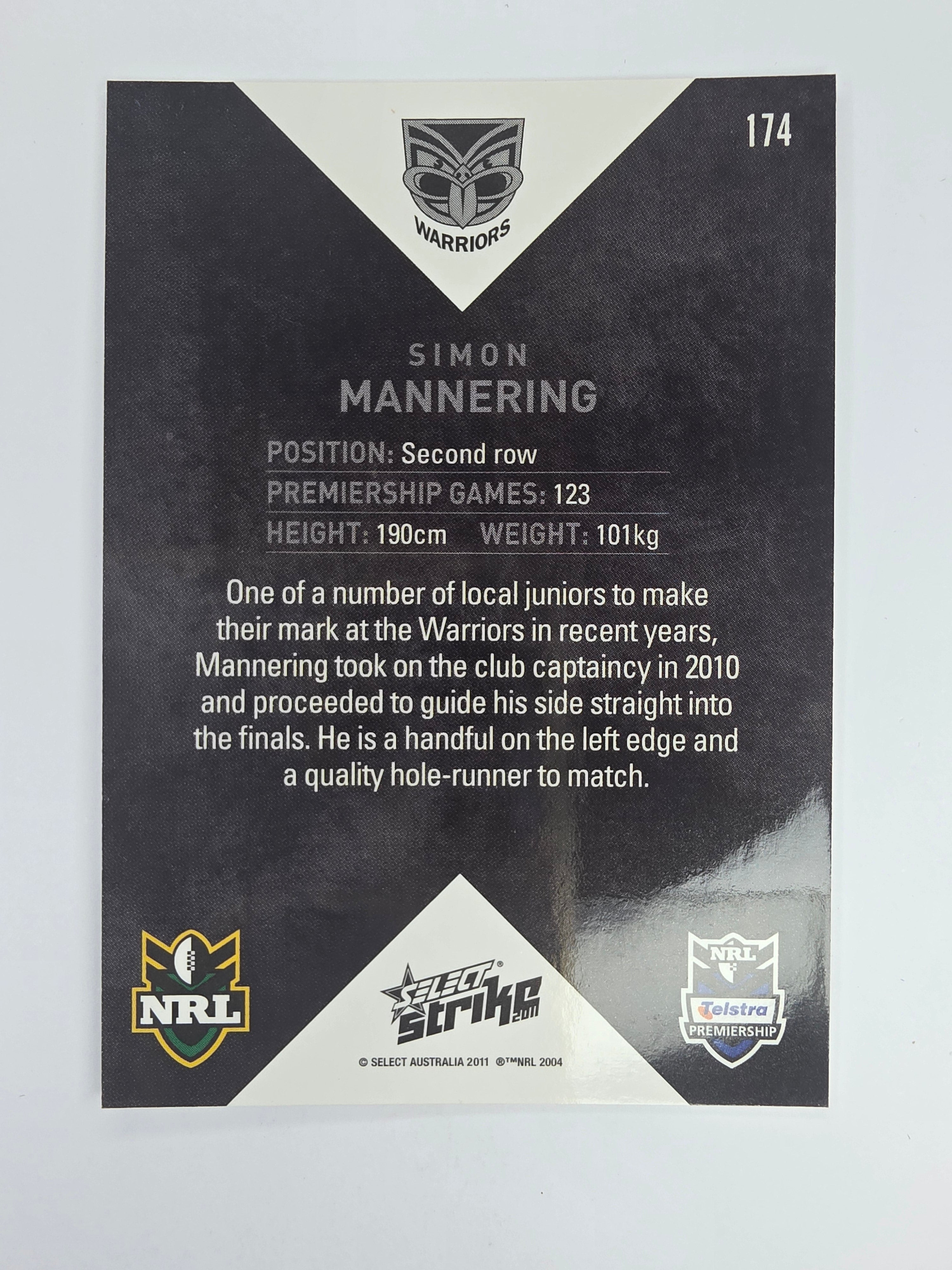 NRL 2011 Strike Base Card #174 Simon Mannering New Zealand Warriors