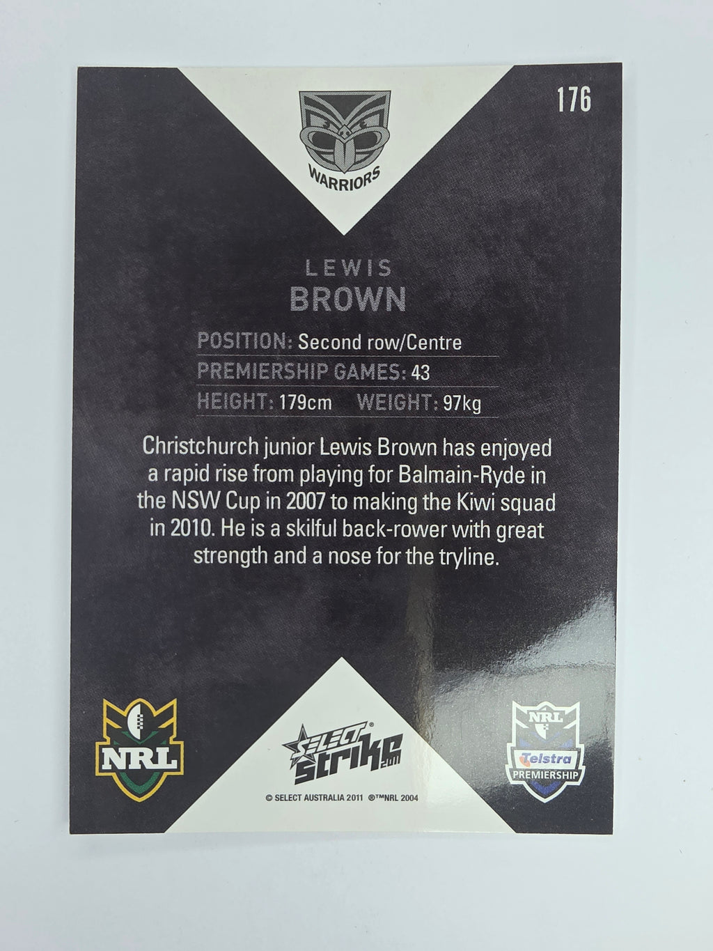 NRL 2011 Strike Base Card #176 Lewis Brown New Zealand Warriors