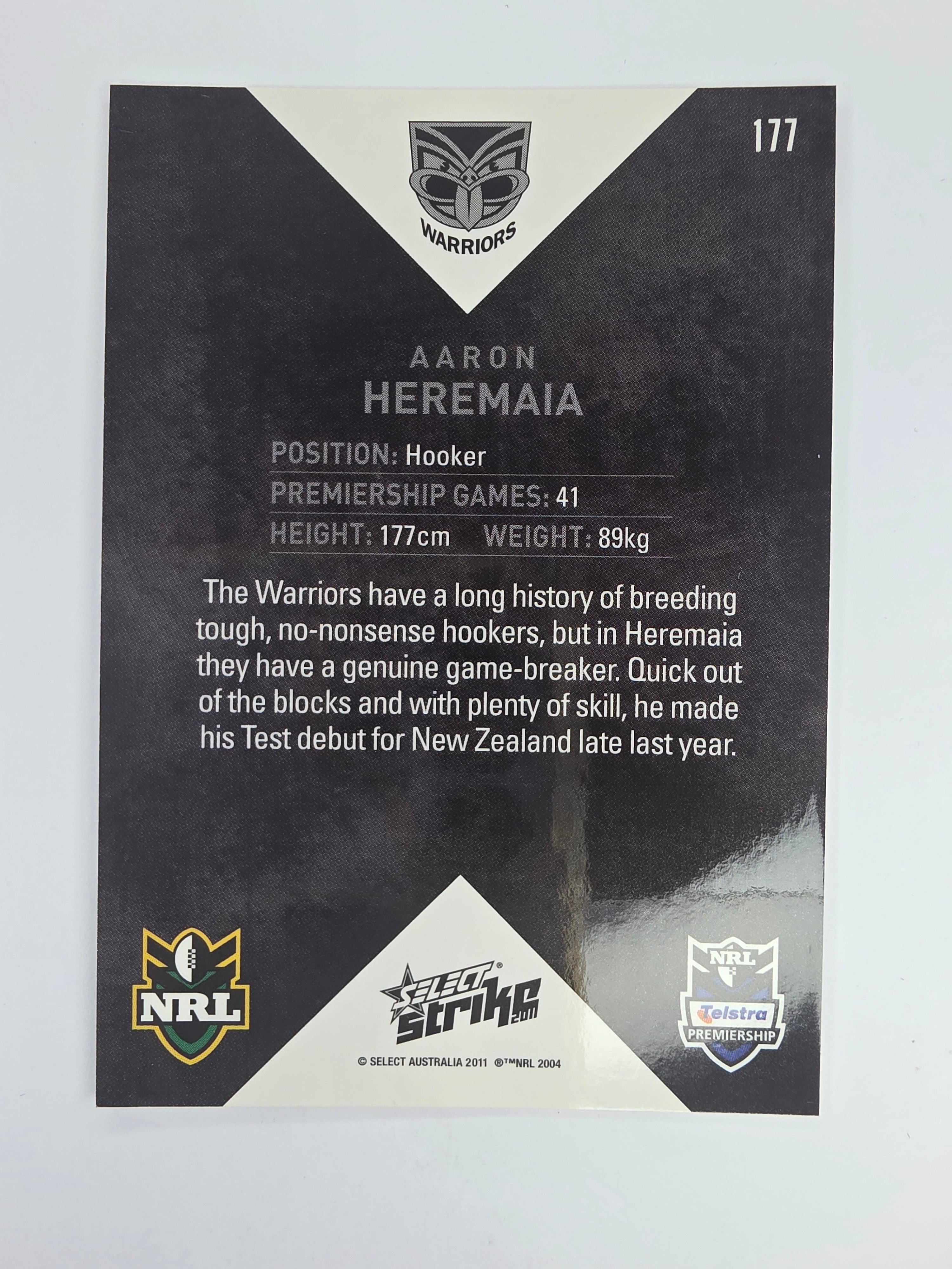 NRL 2011 Strike Base Card #177 Aaron Heremaia New Zealand Warriors