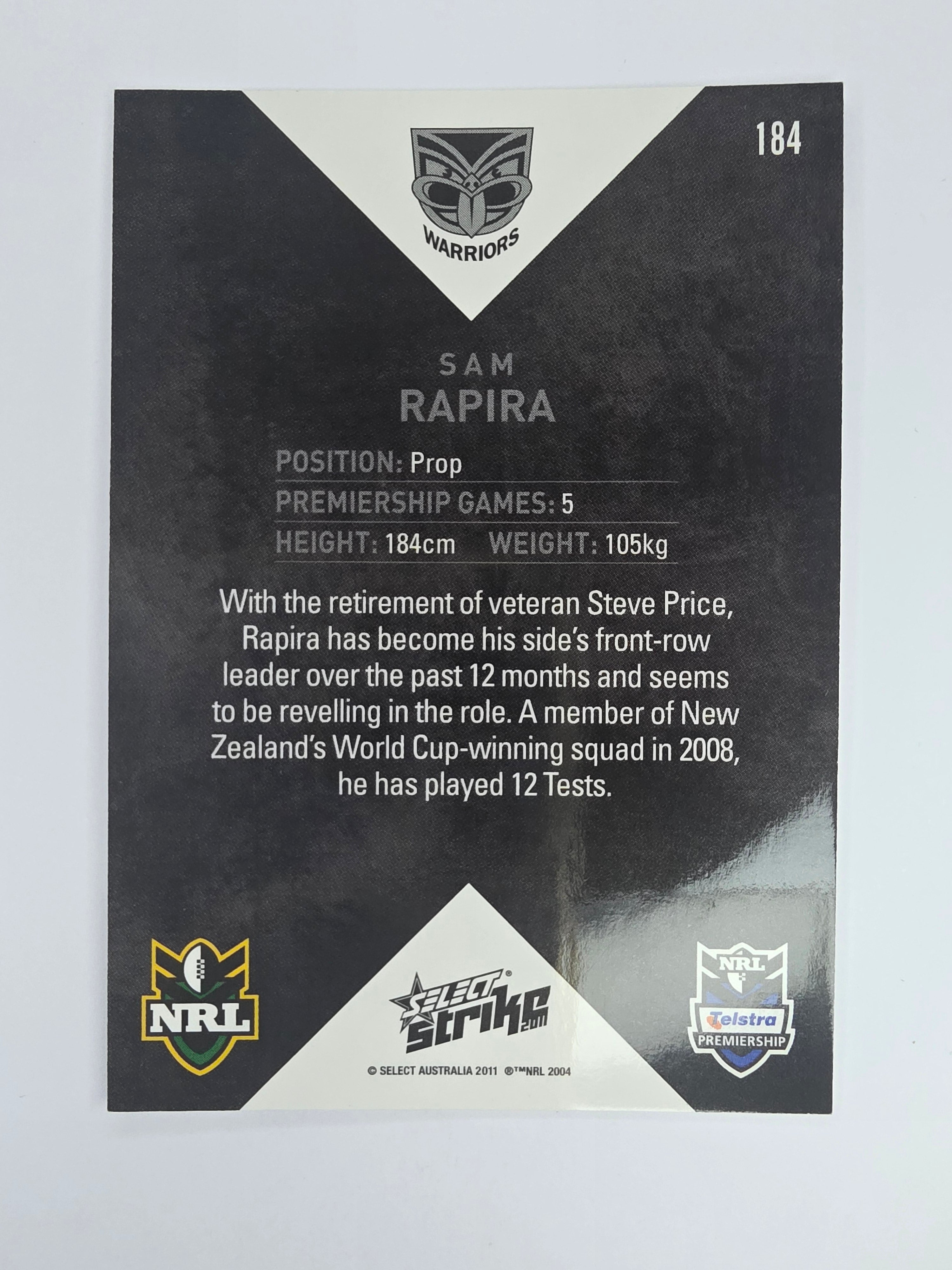 NRL 2011 Strike Base Card #184 Sam Rapira New Zealand Warriors